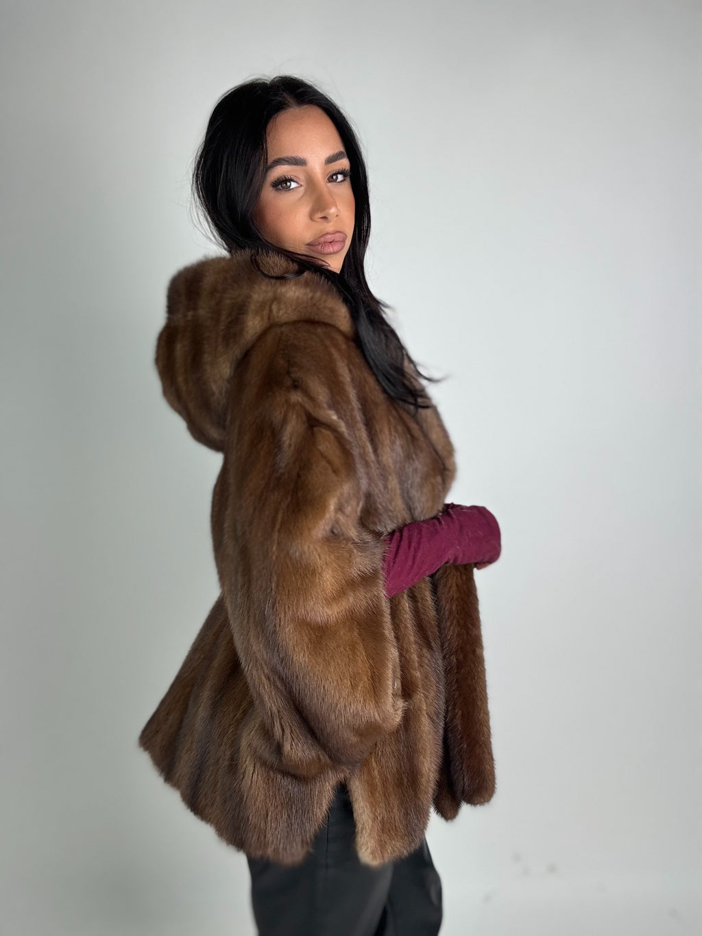 Mink jacket with belt and hood