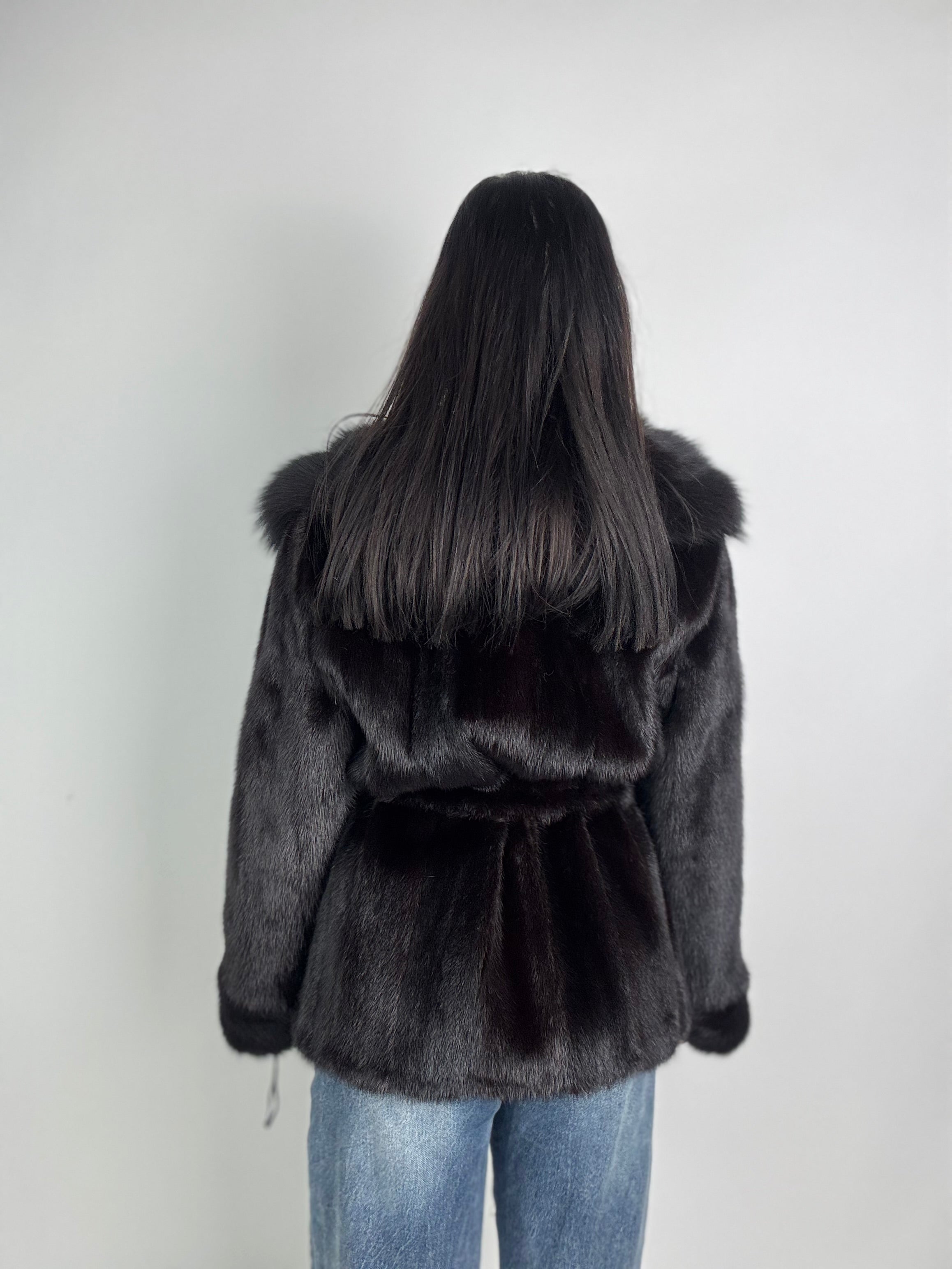 Mink jacket with belt and hood