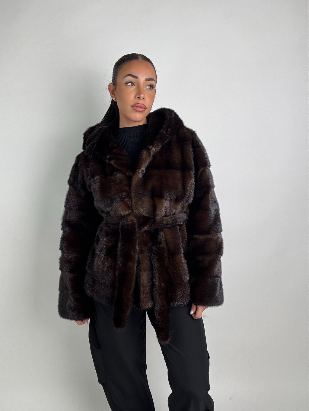 Giacca in visone cintura e cappuccio N249