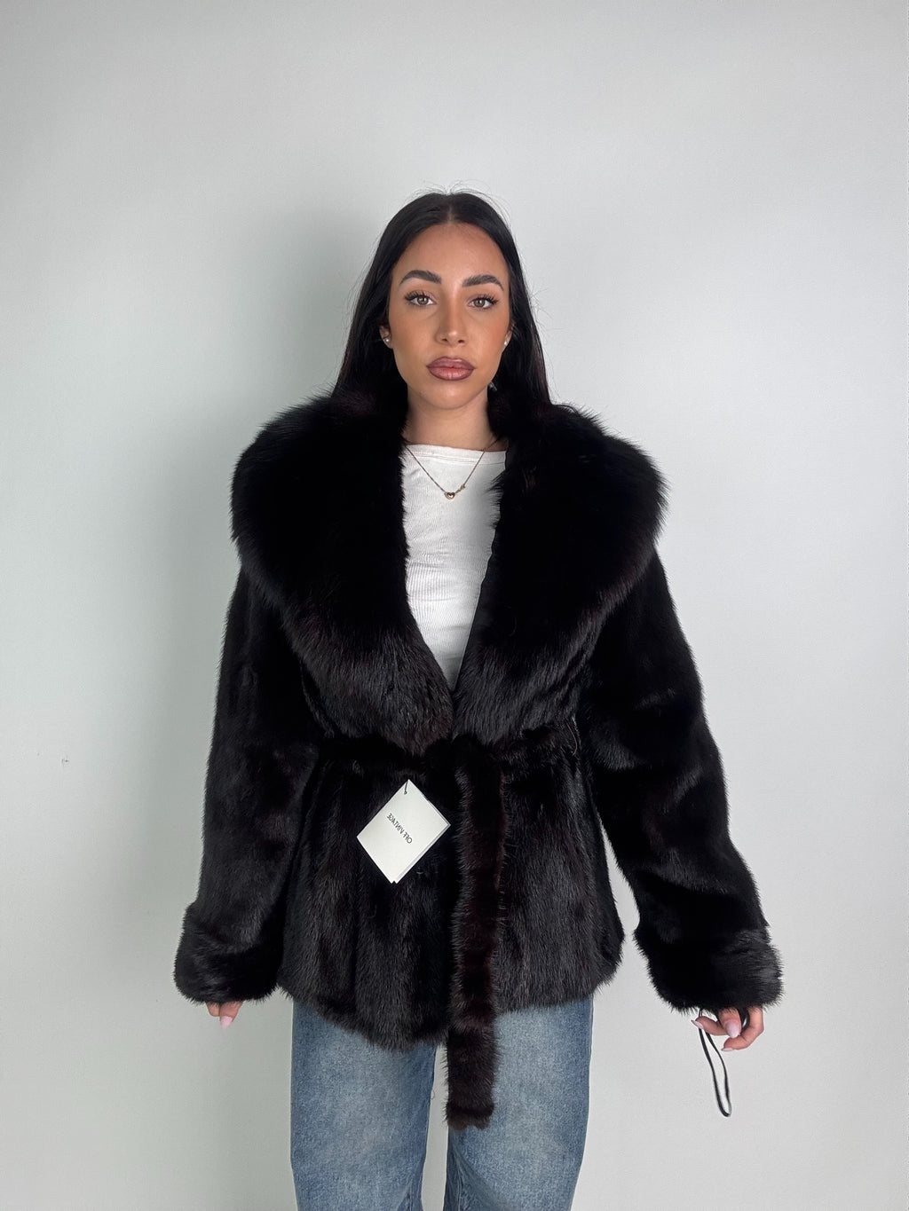 Mink jacket with belt and hood