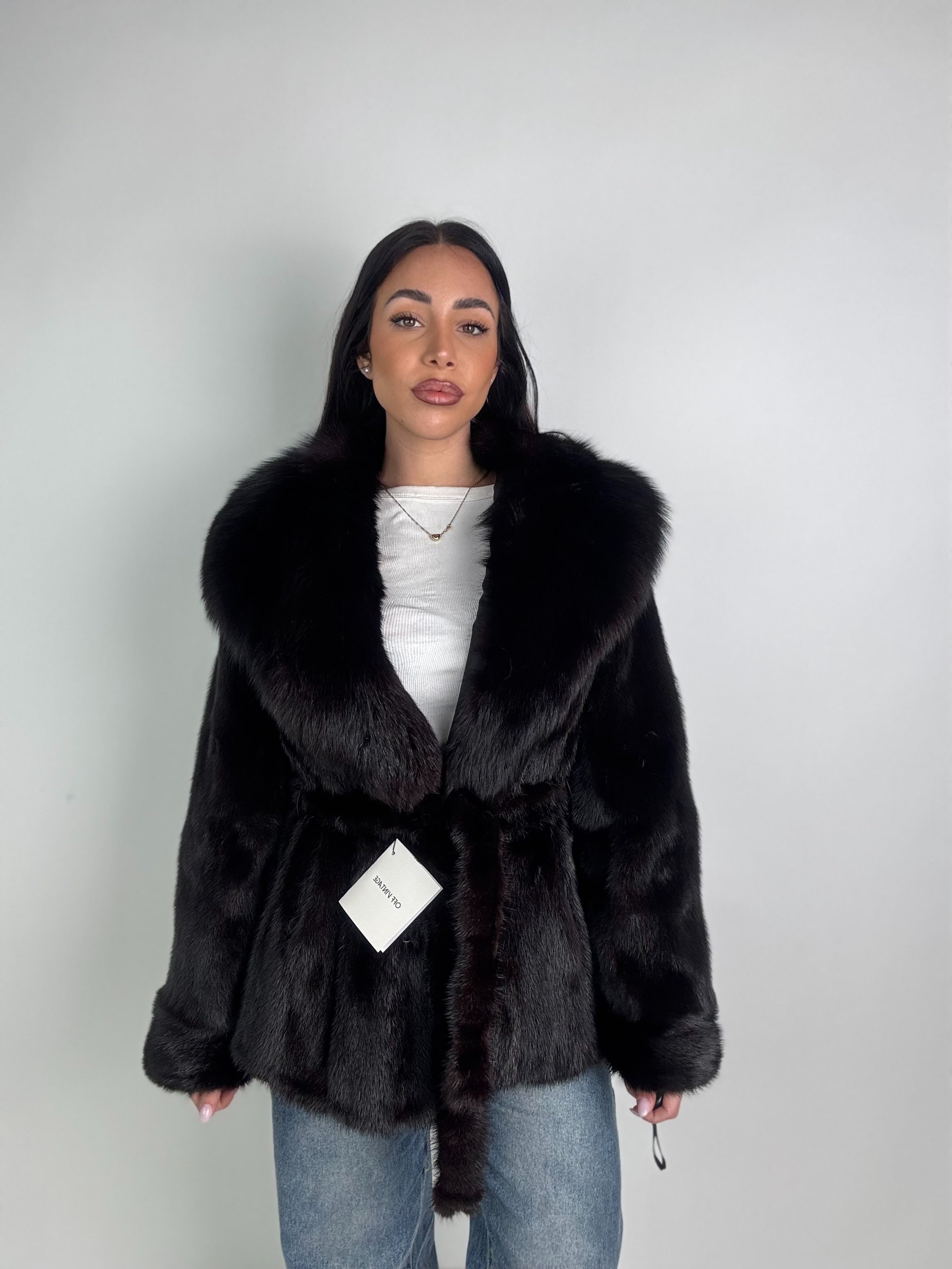 Mink jacket with belt and hood
