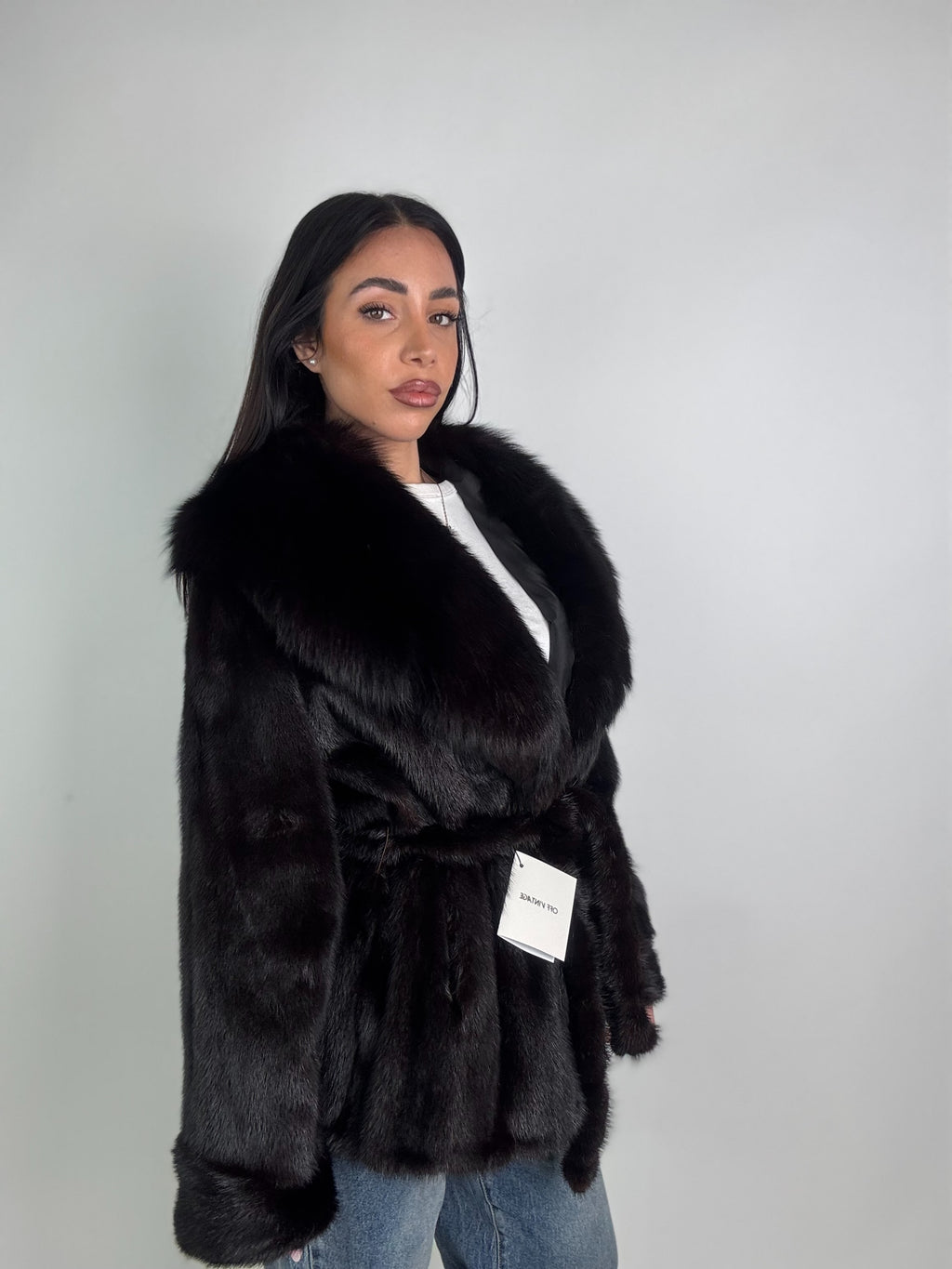 Mink jacket with belt and hood