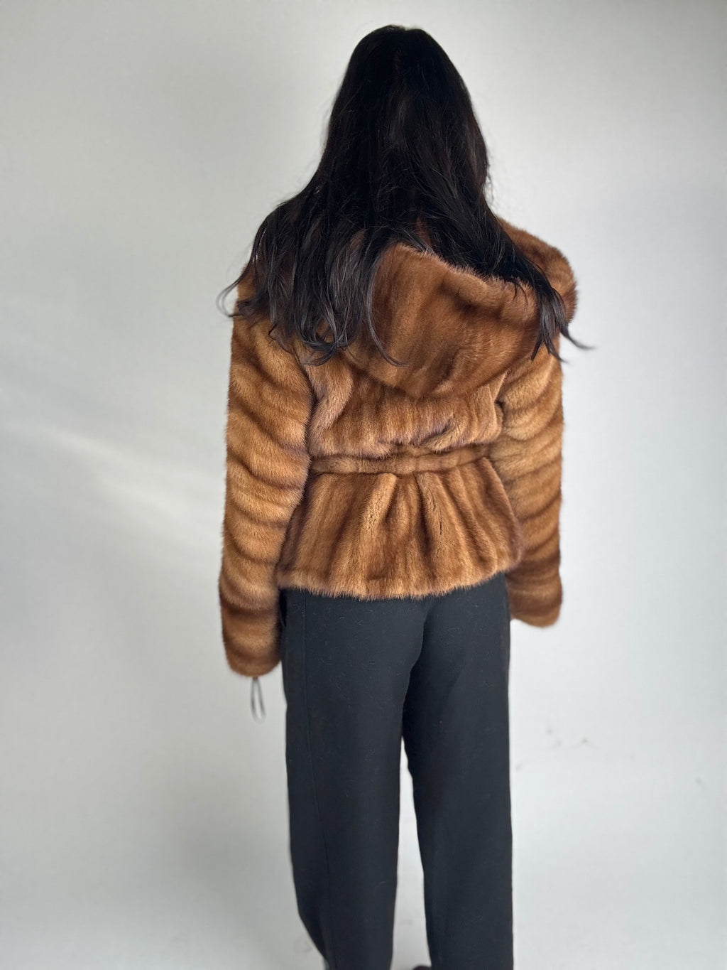 Mink jacket with belt and hood