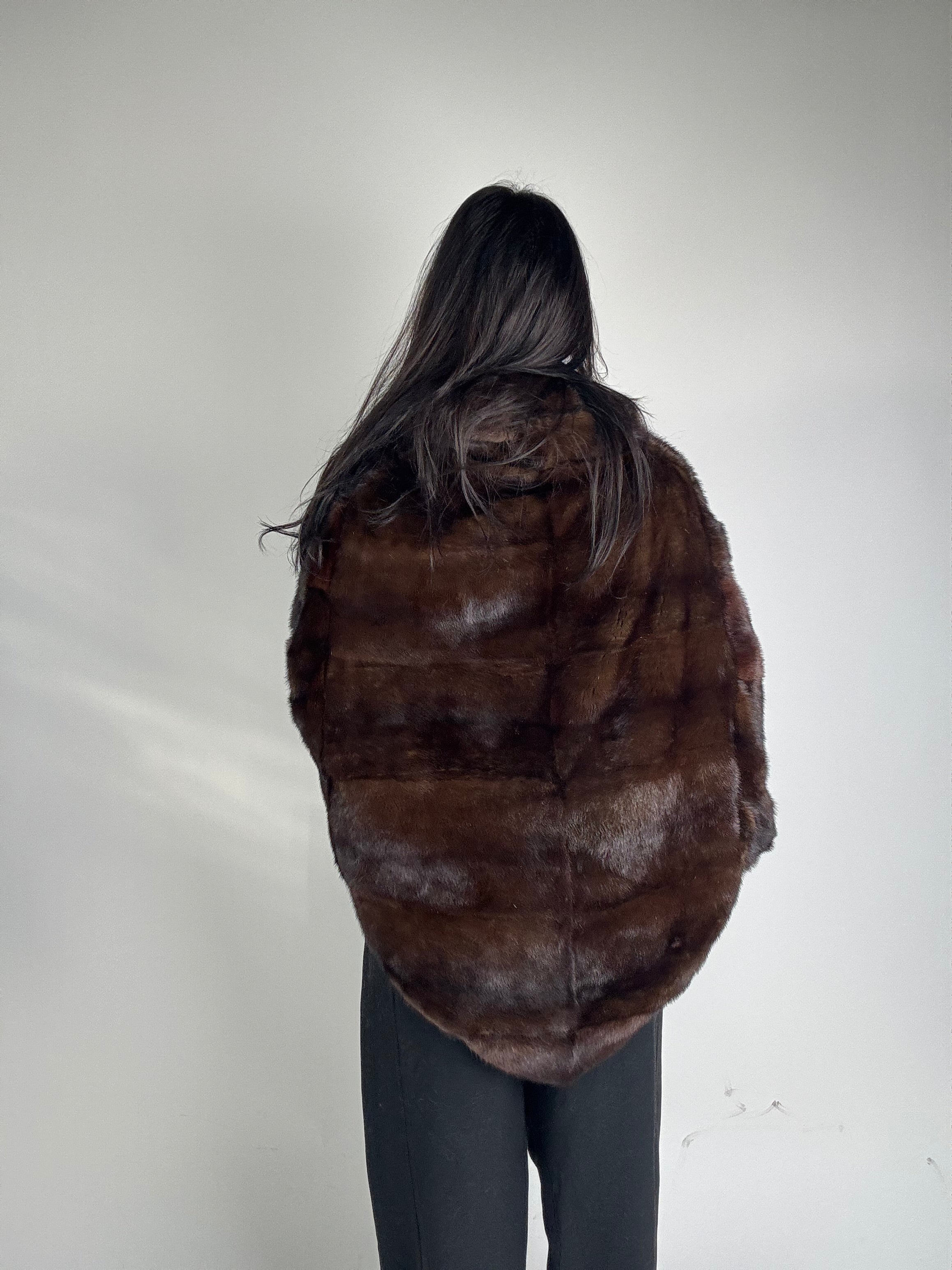 Mink jacket with belt and hood
