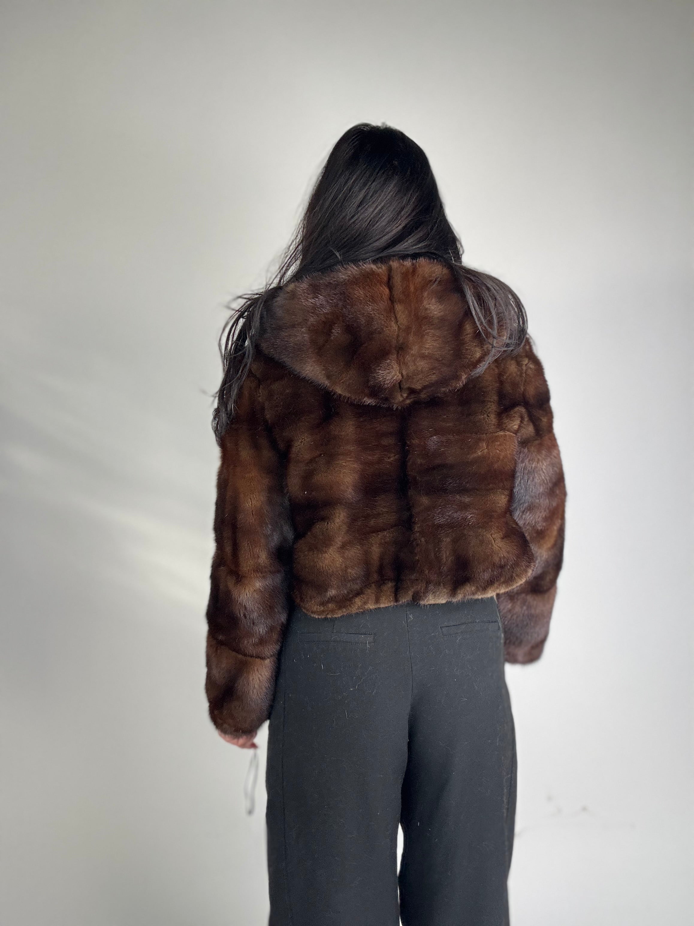 Mink jacket with belt and hood