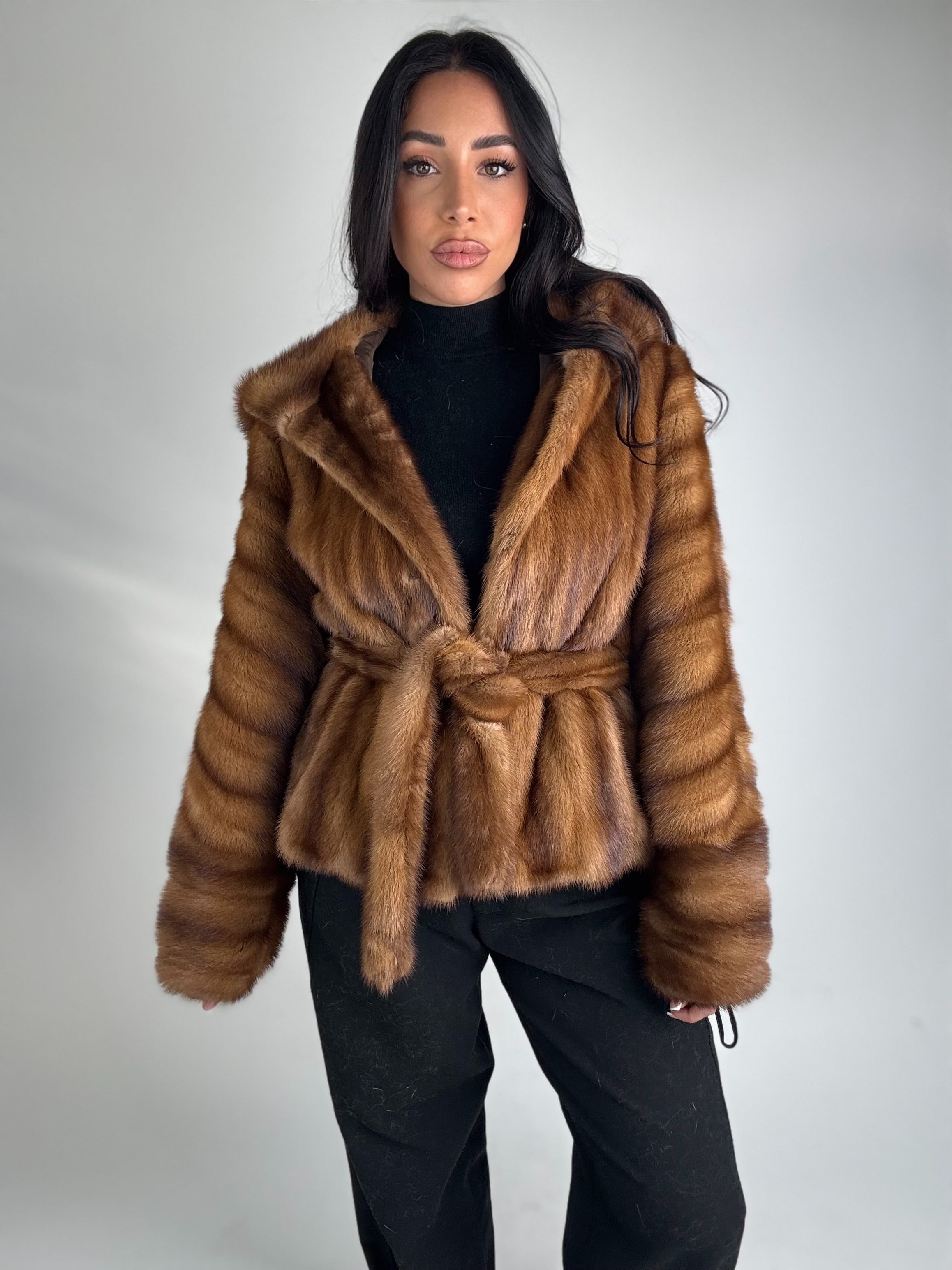 Mink jacket with belt and hood
