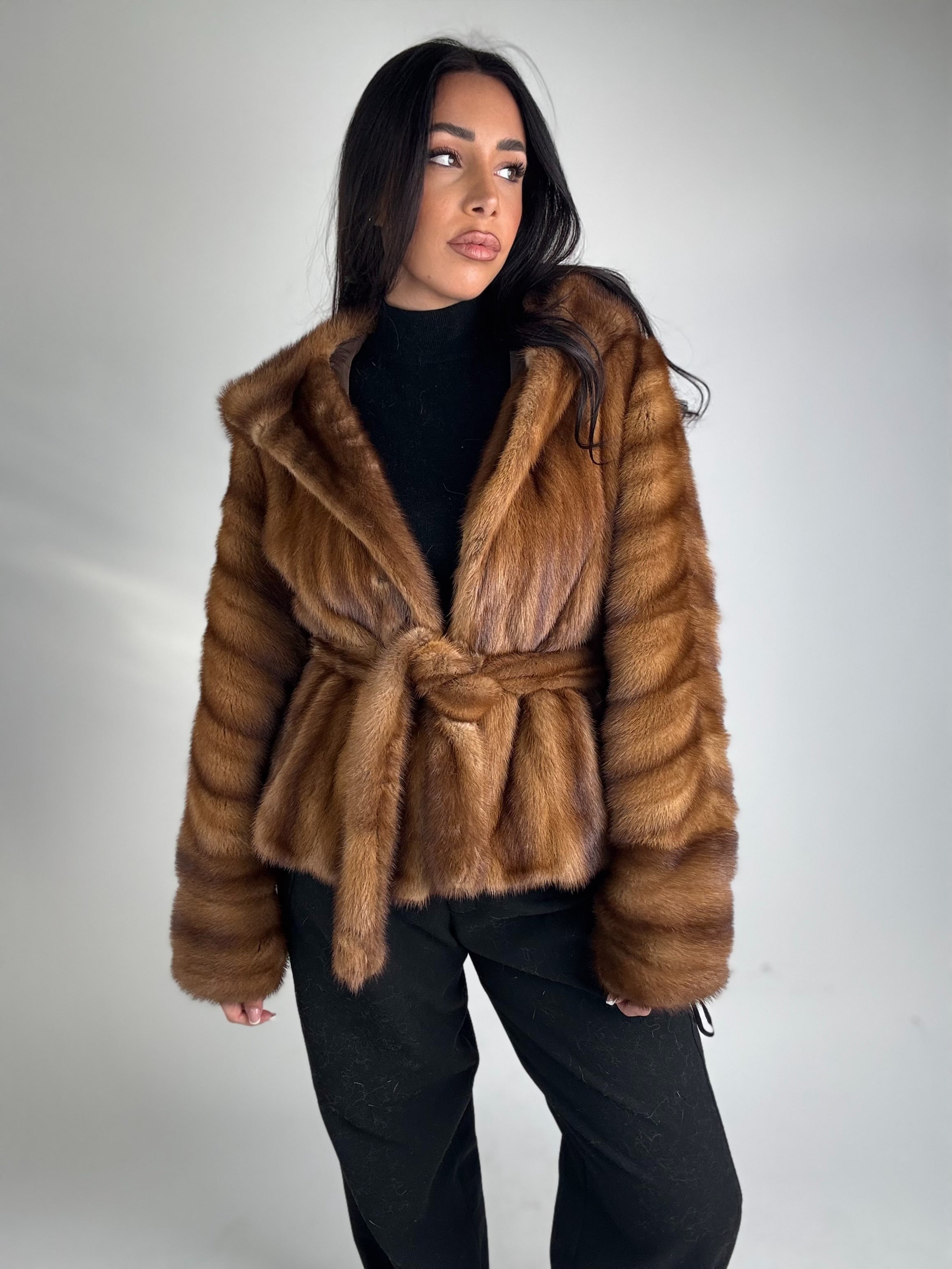 Mink jacket with belt and hood