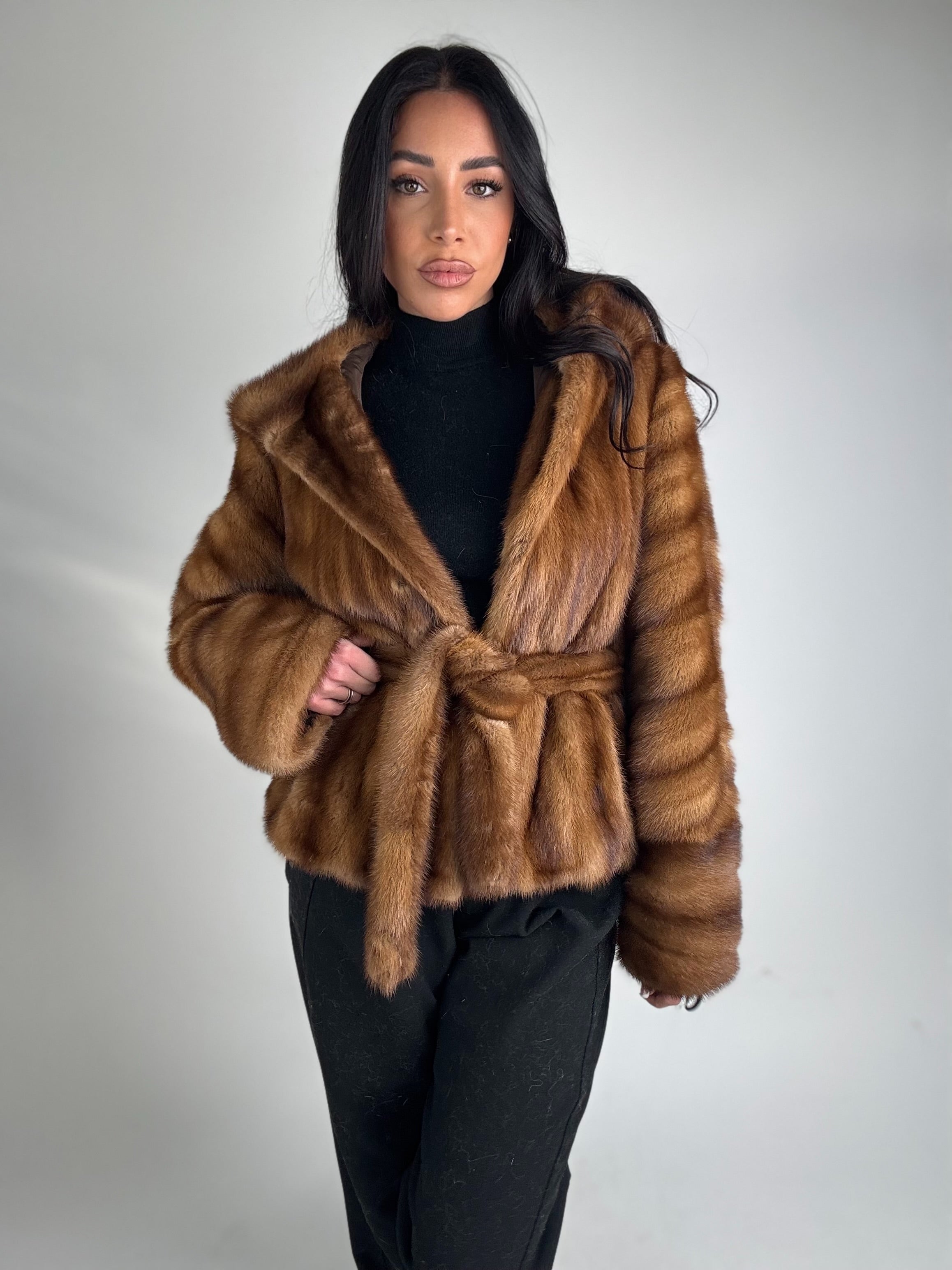 Mink jacket with belt and hood