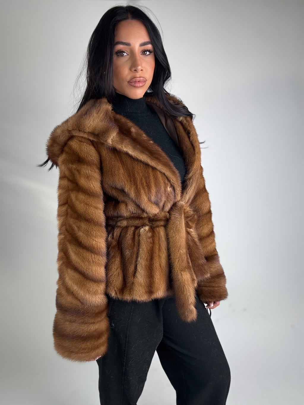 Mink jacket with belt and hood