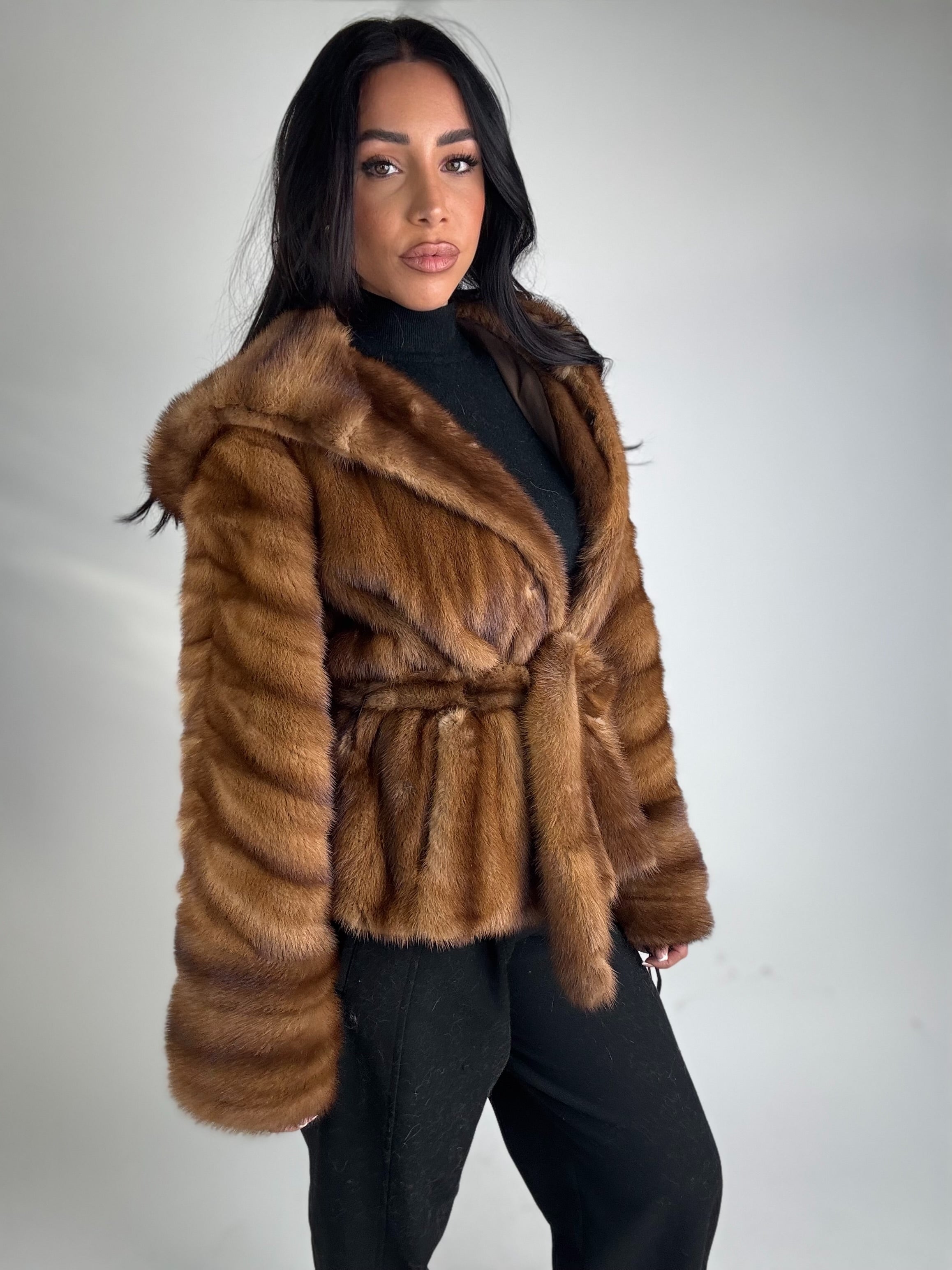 Mink jacket with belt and hood