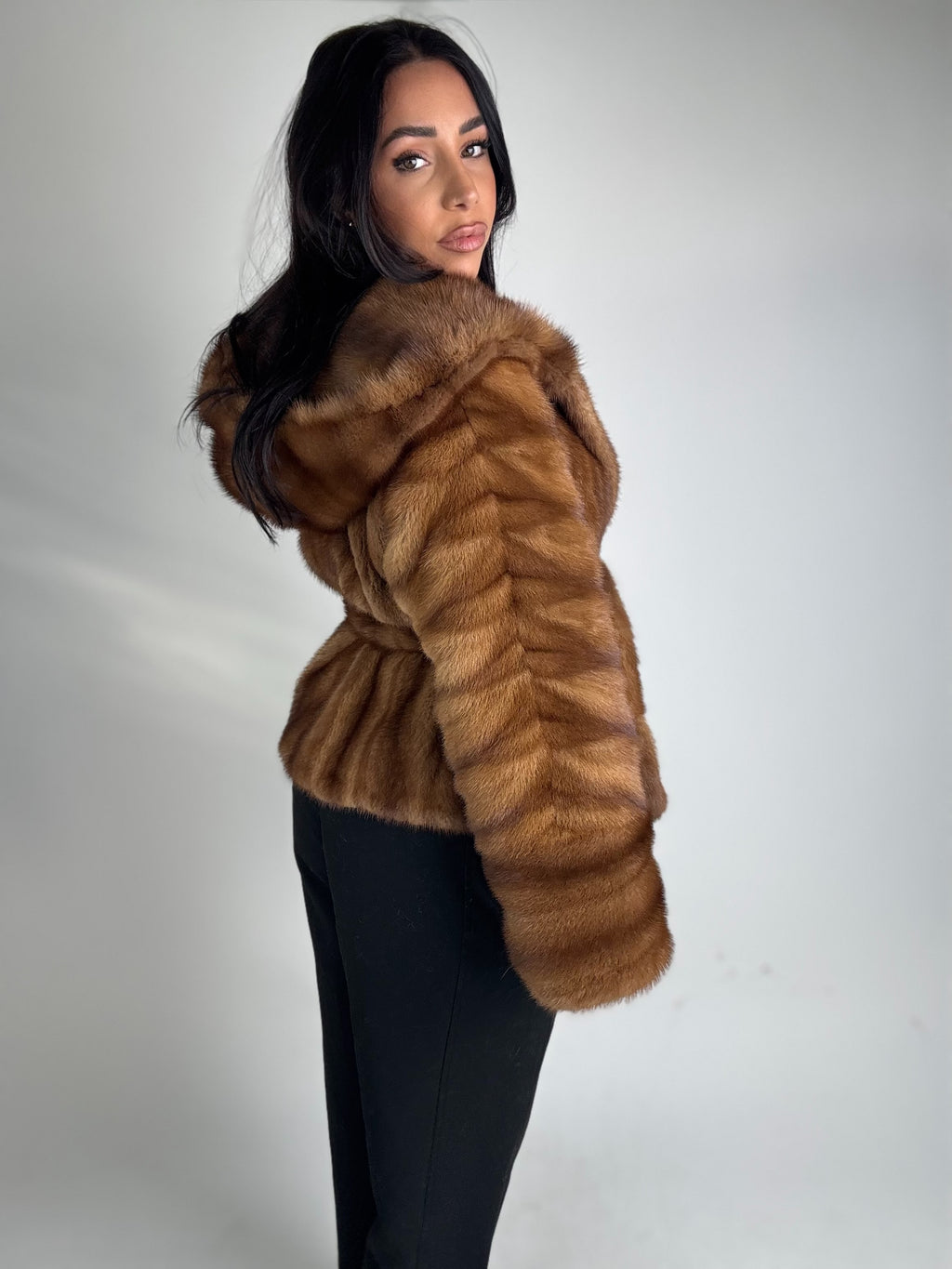 Mink jacket with belt and hood