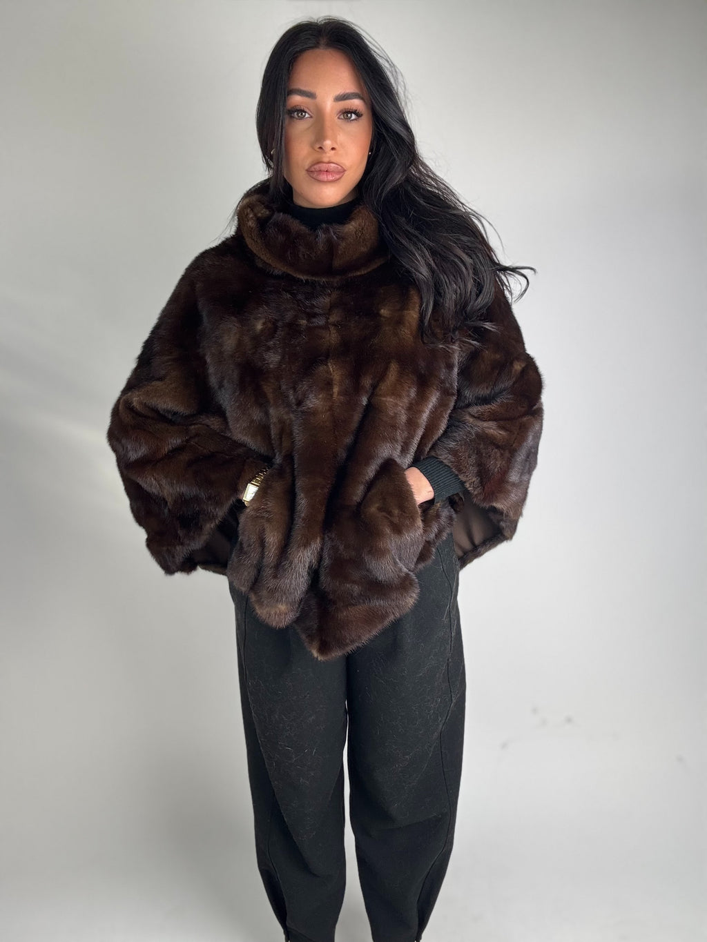 Mink jacket with belt and hood