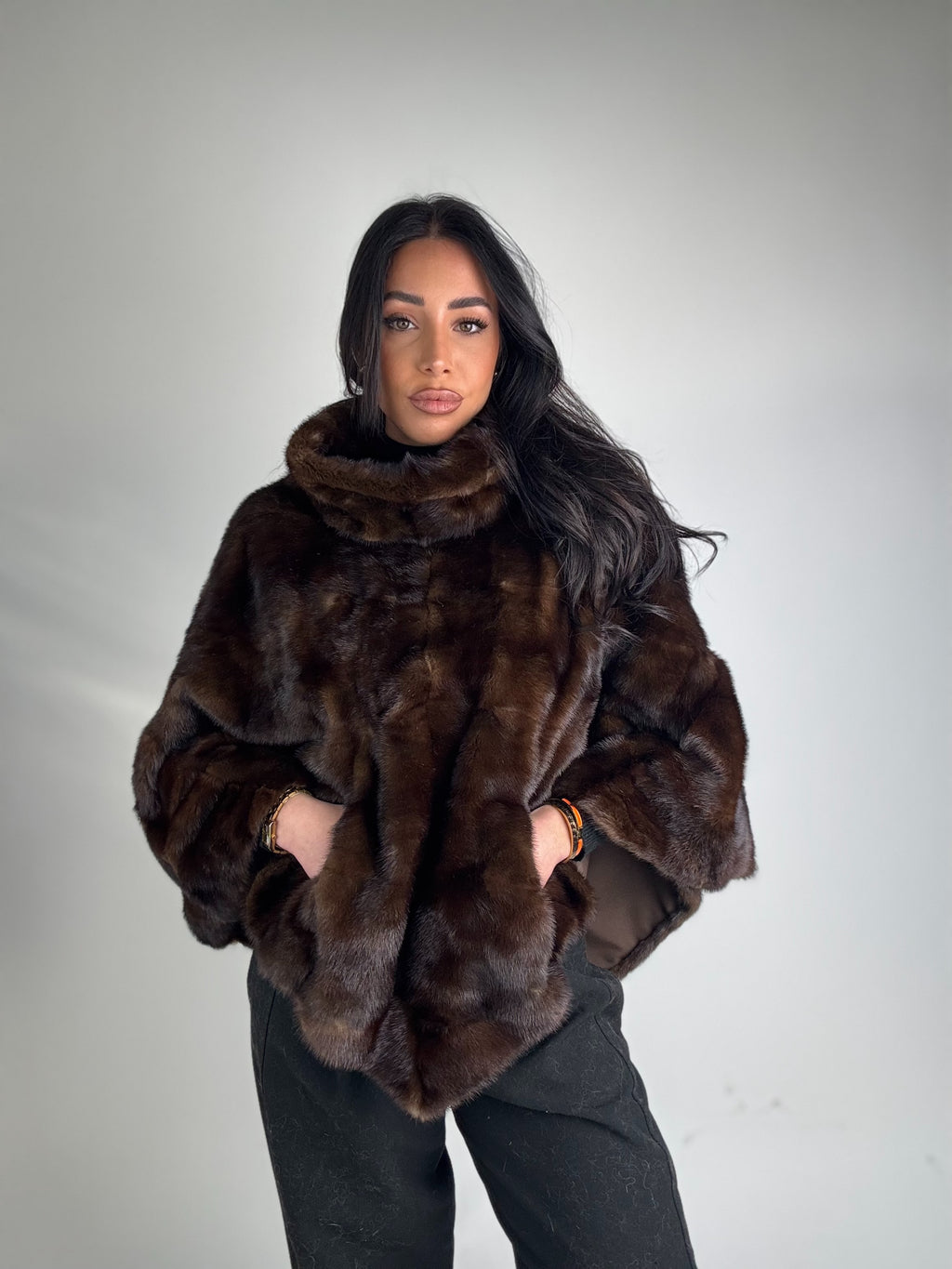 Mink jacket with belt and hood