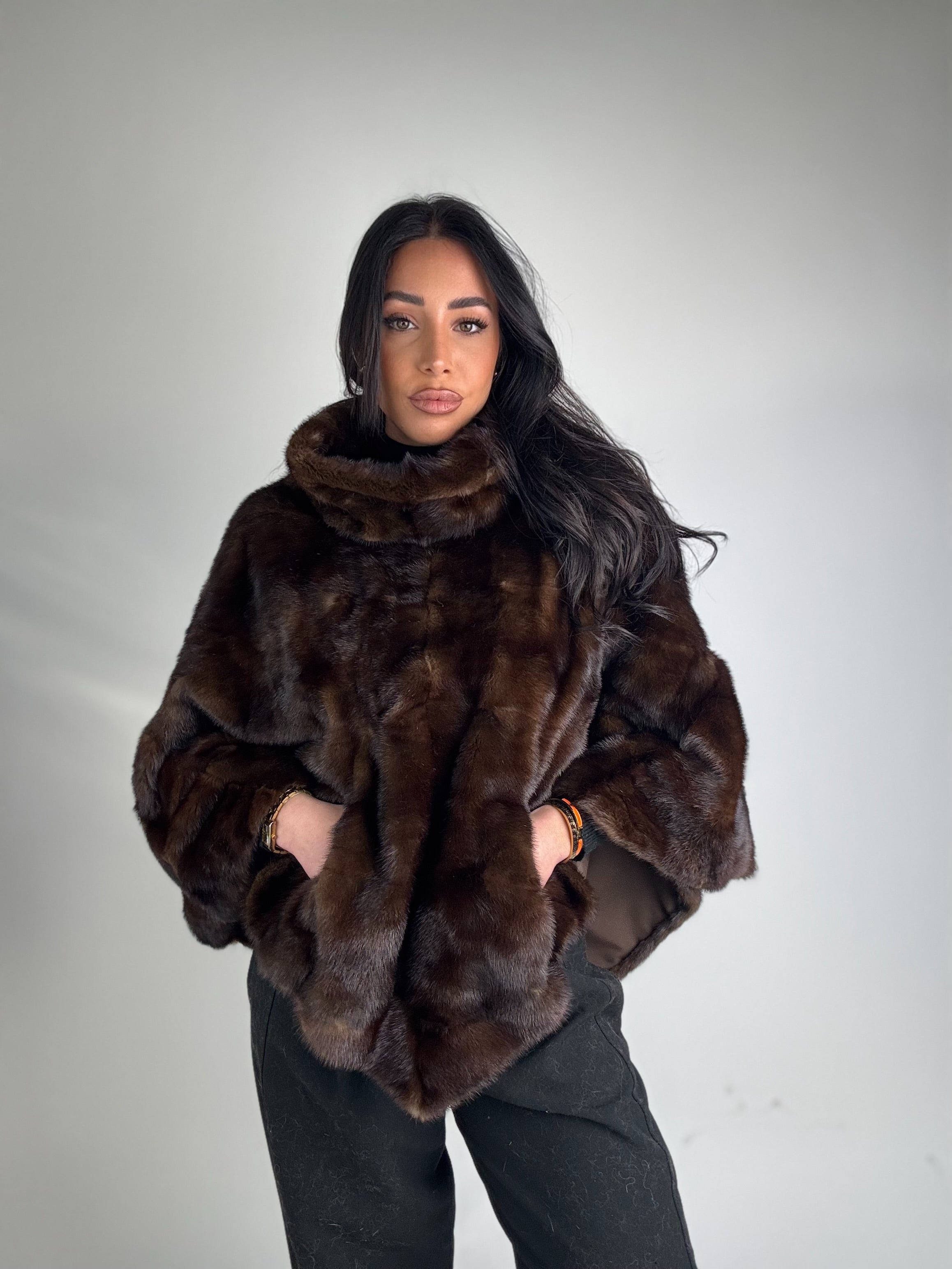 Mink jacket with belt and hood