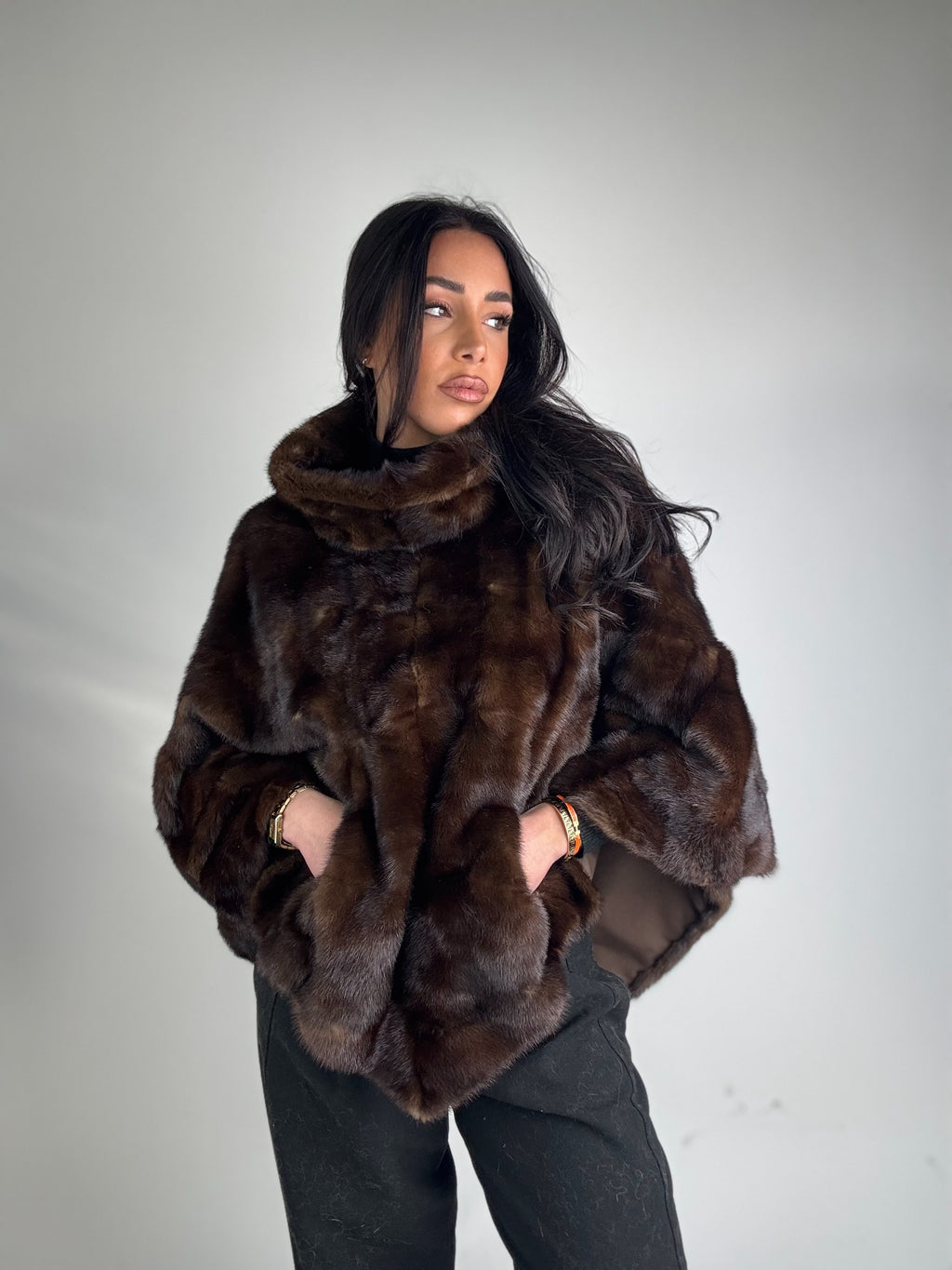 Mink jacket with belt and hood