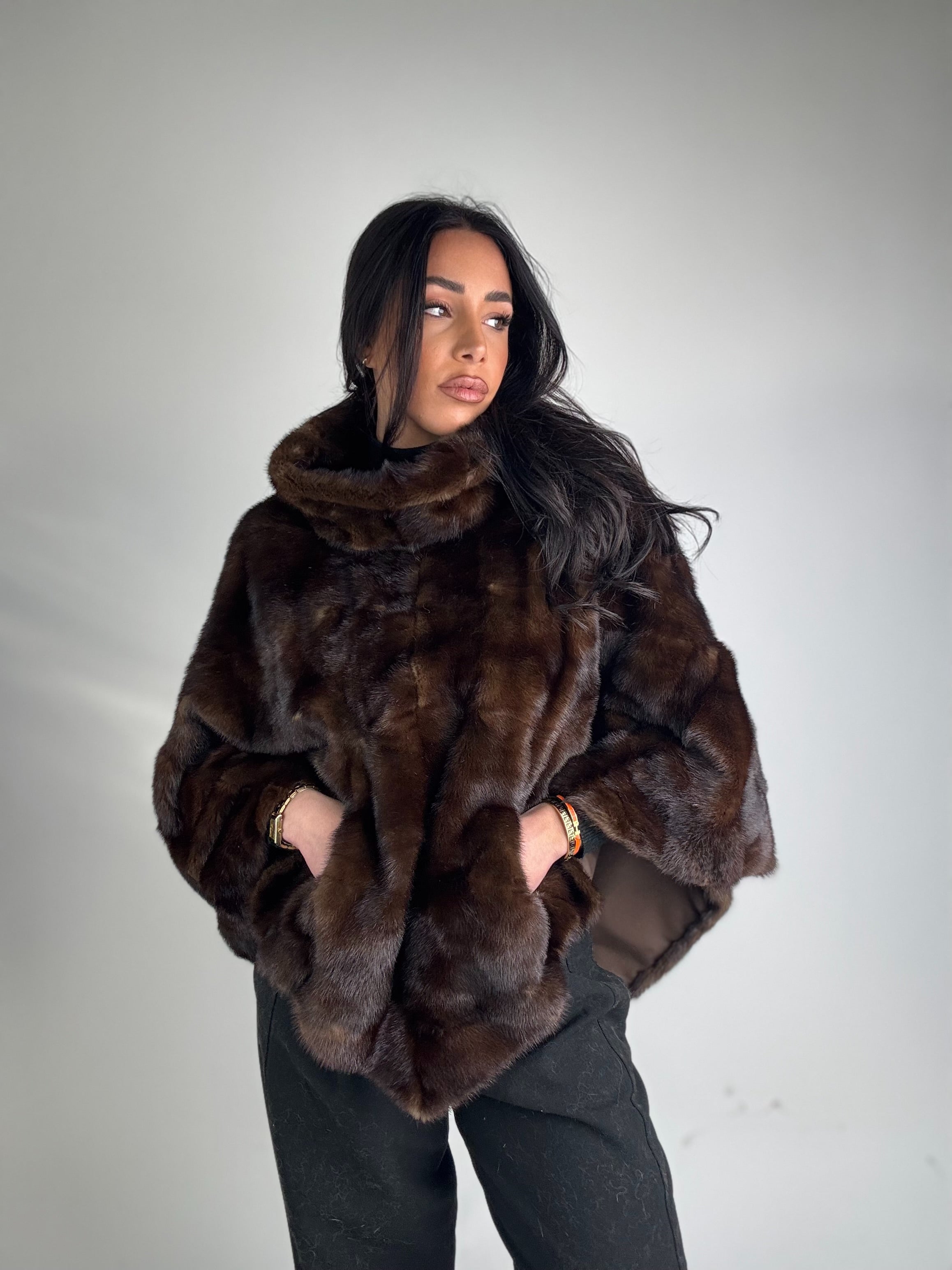 Mink jacket with belt and hood