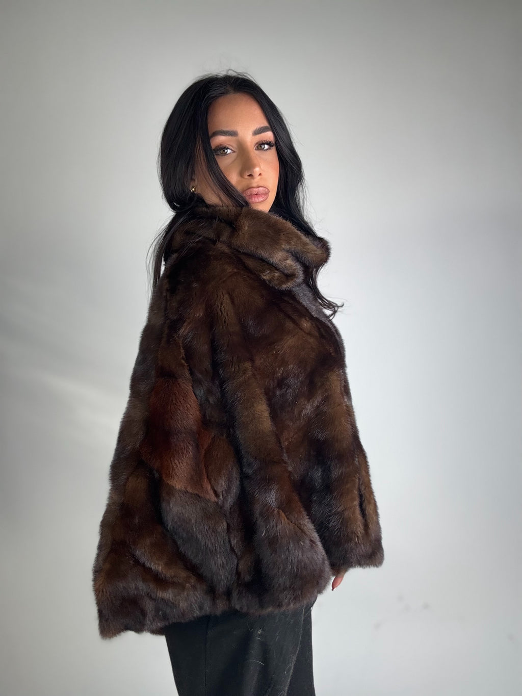 Mink jacket with belt and hood