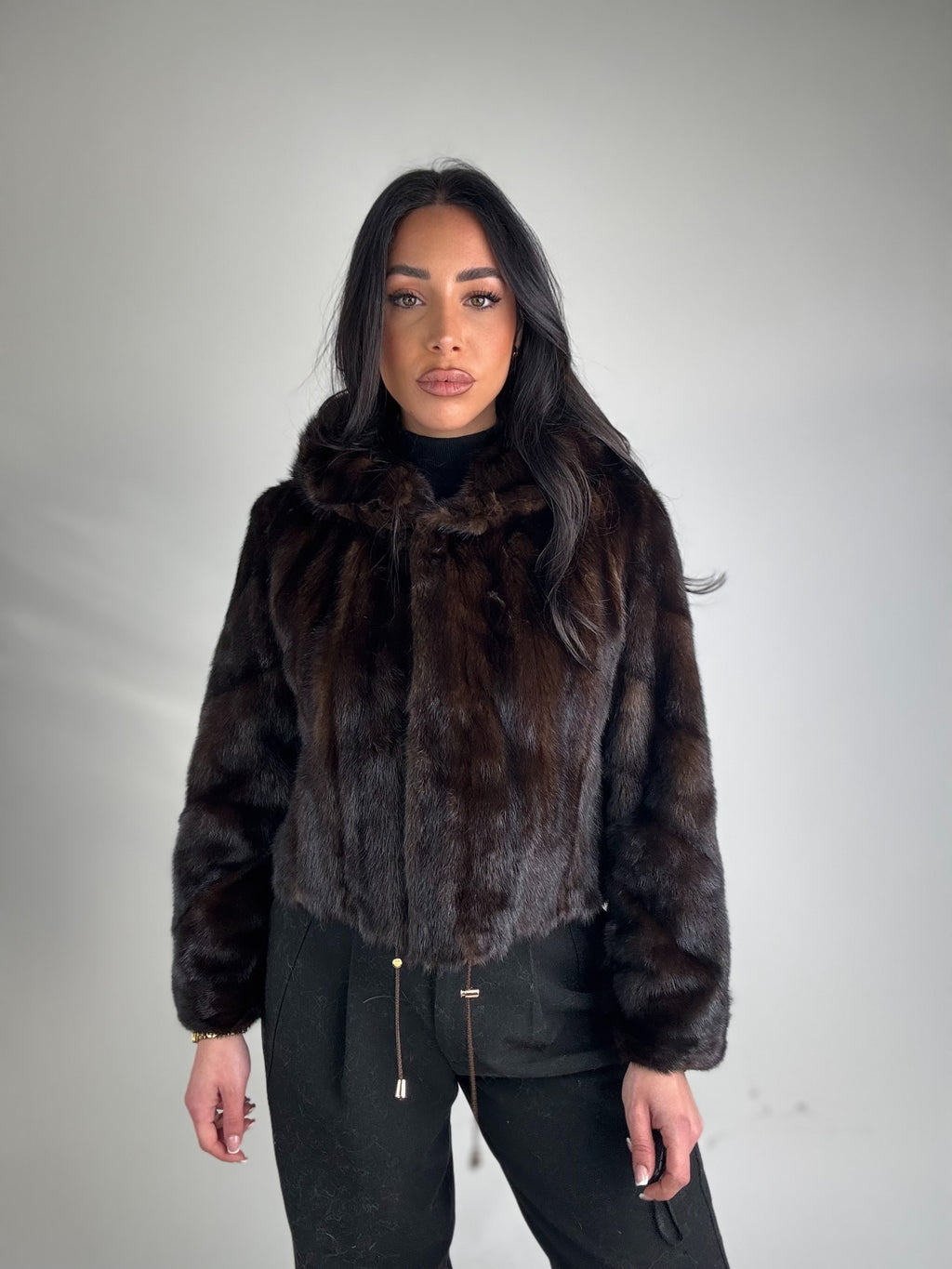 Mink jacket with belt and hood