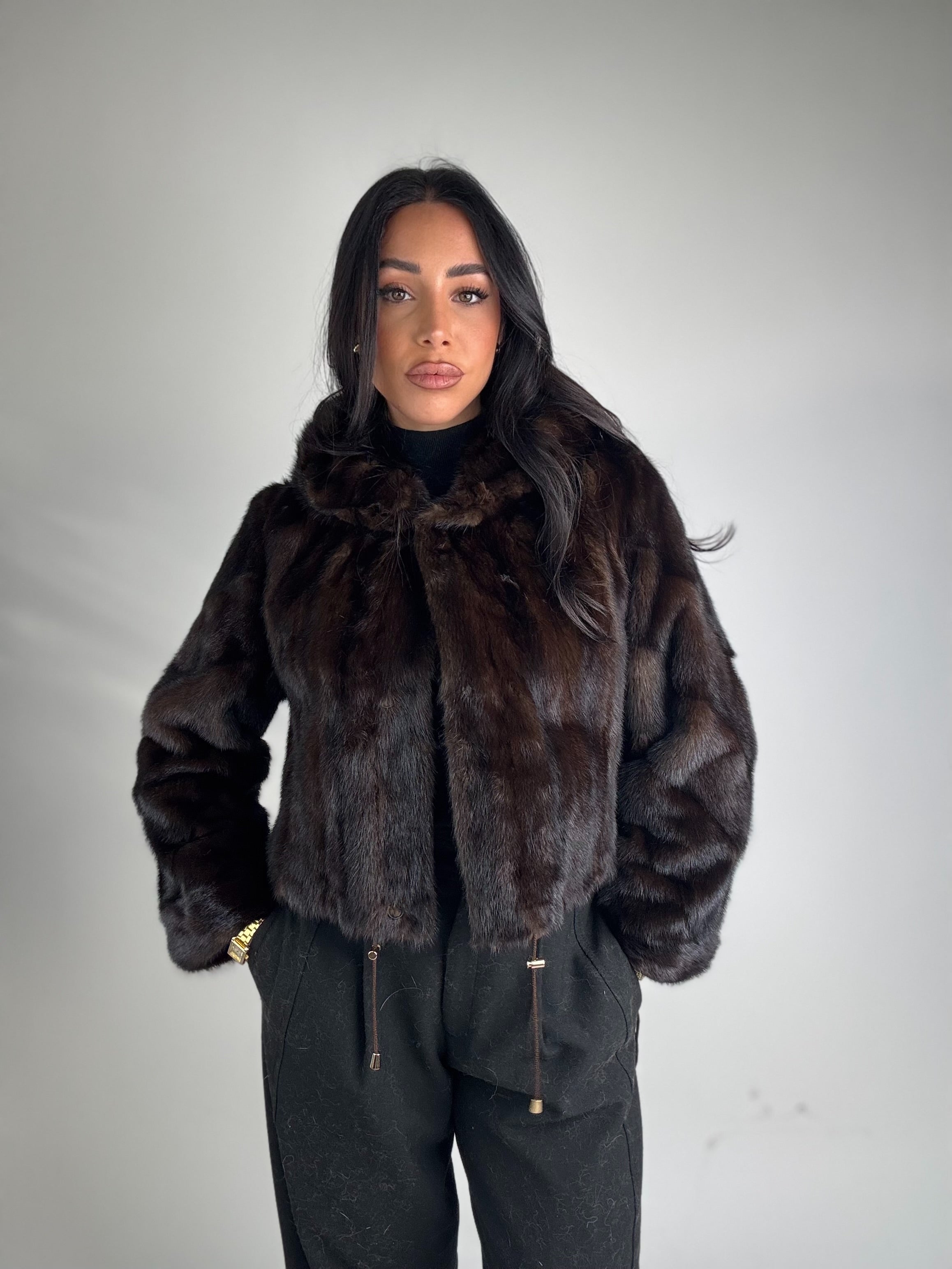 Mink jacket with belt and hood