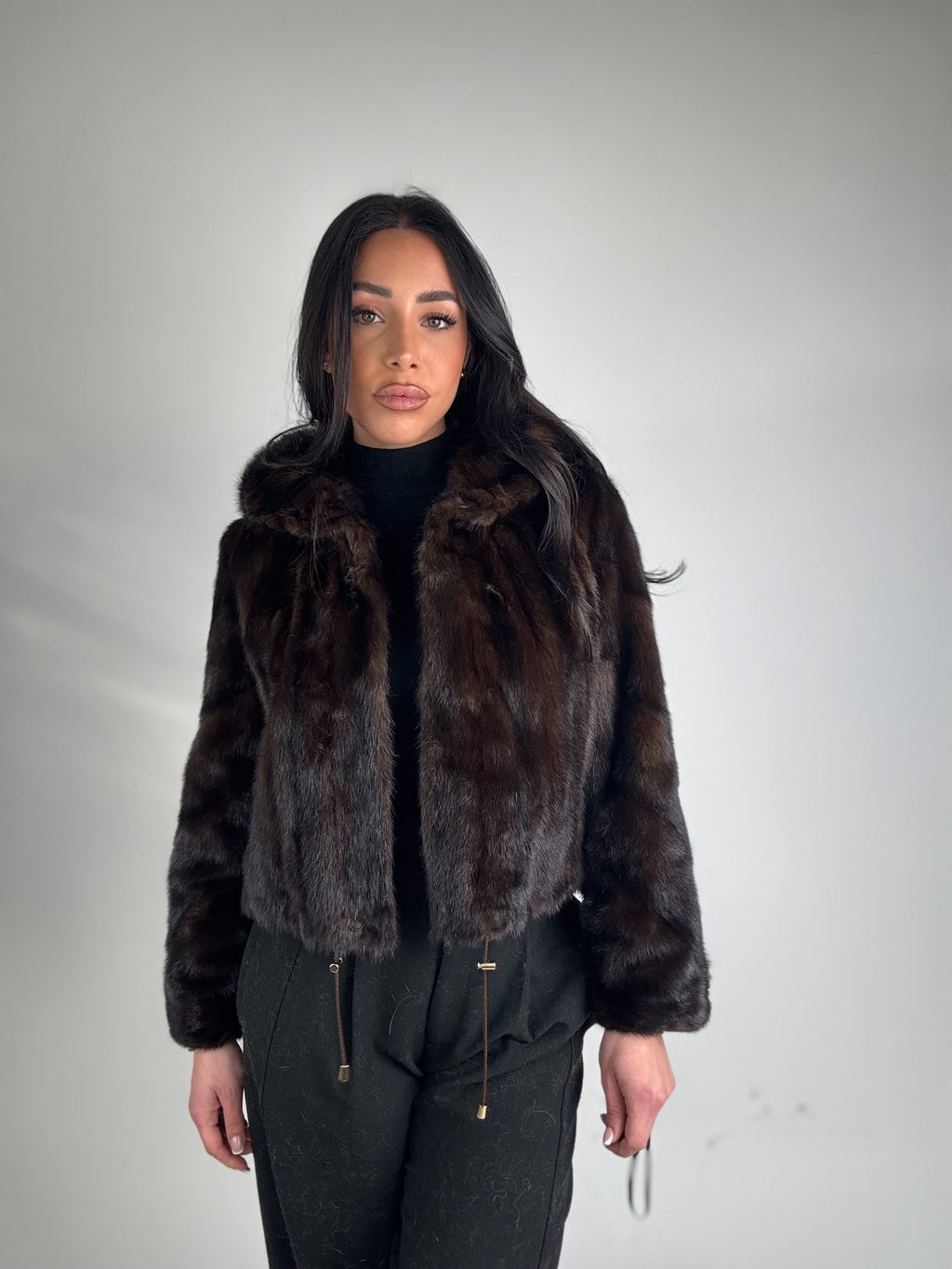 Mink jacket with belt and hood