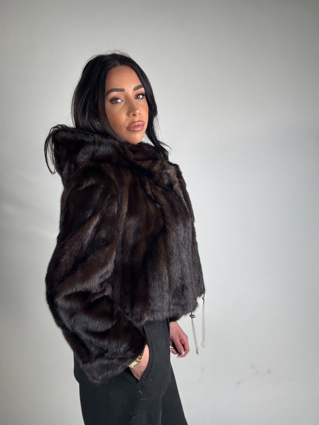 Mink jacket with belt and hood