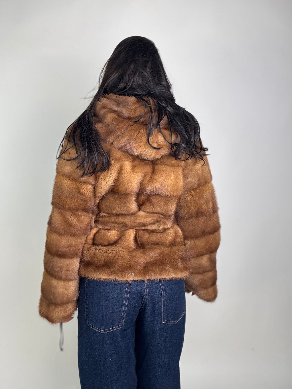Mink jacket with belt and hood