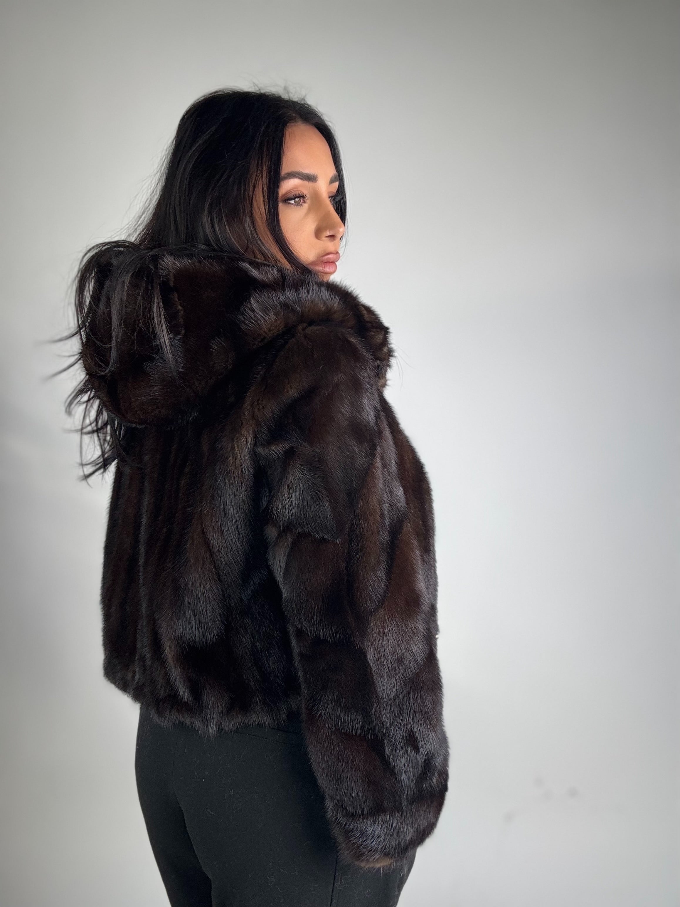 Mink jacket with belt and hood