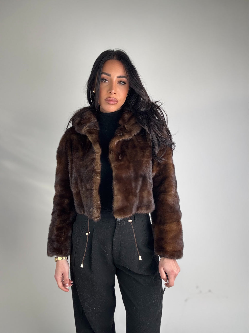 Mink jacket with belt and hood