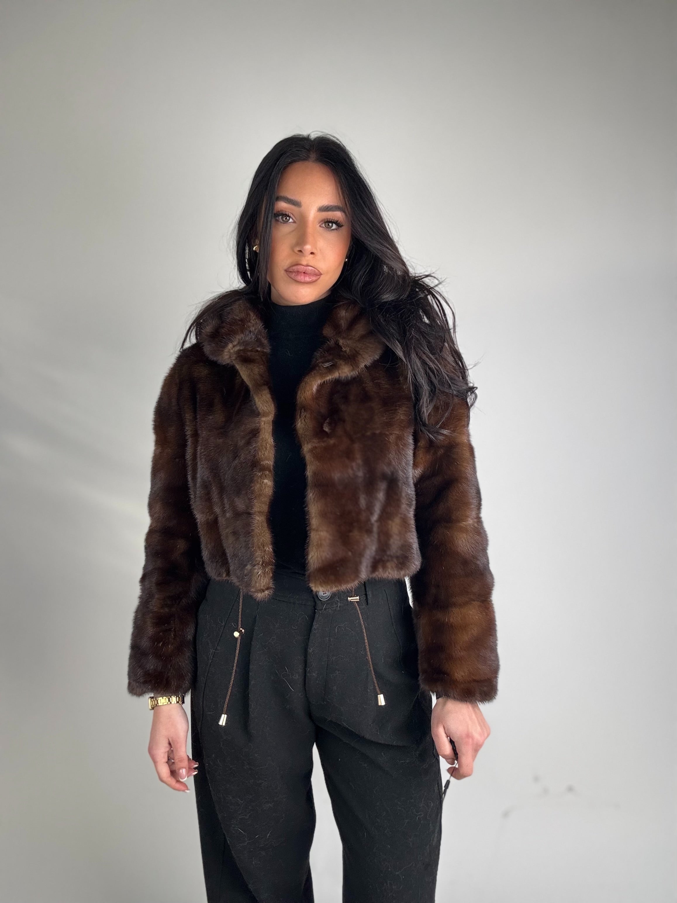 Mink jacket with belt and hood