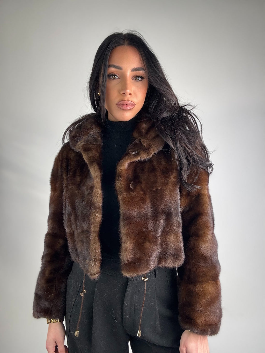 Mink jacket with belt and hood