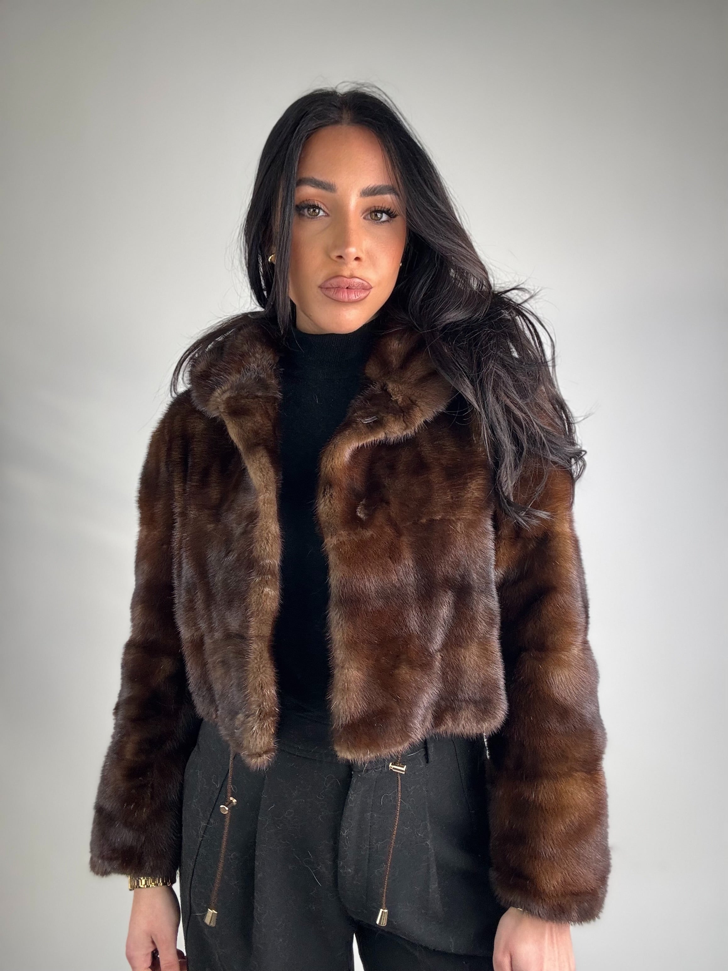 Mink jacket with belt and hood