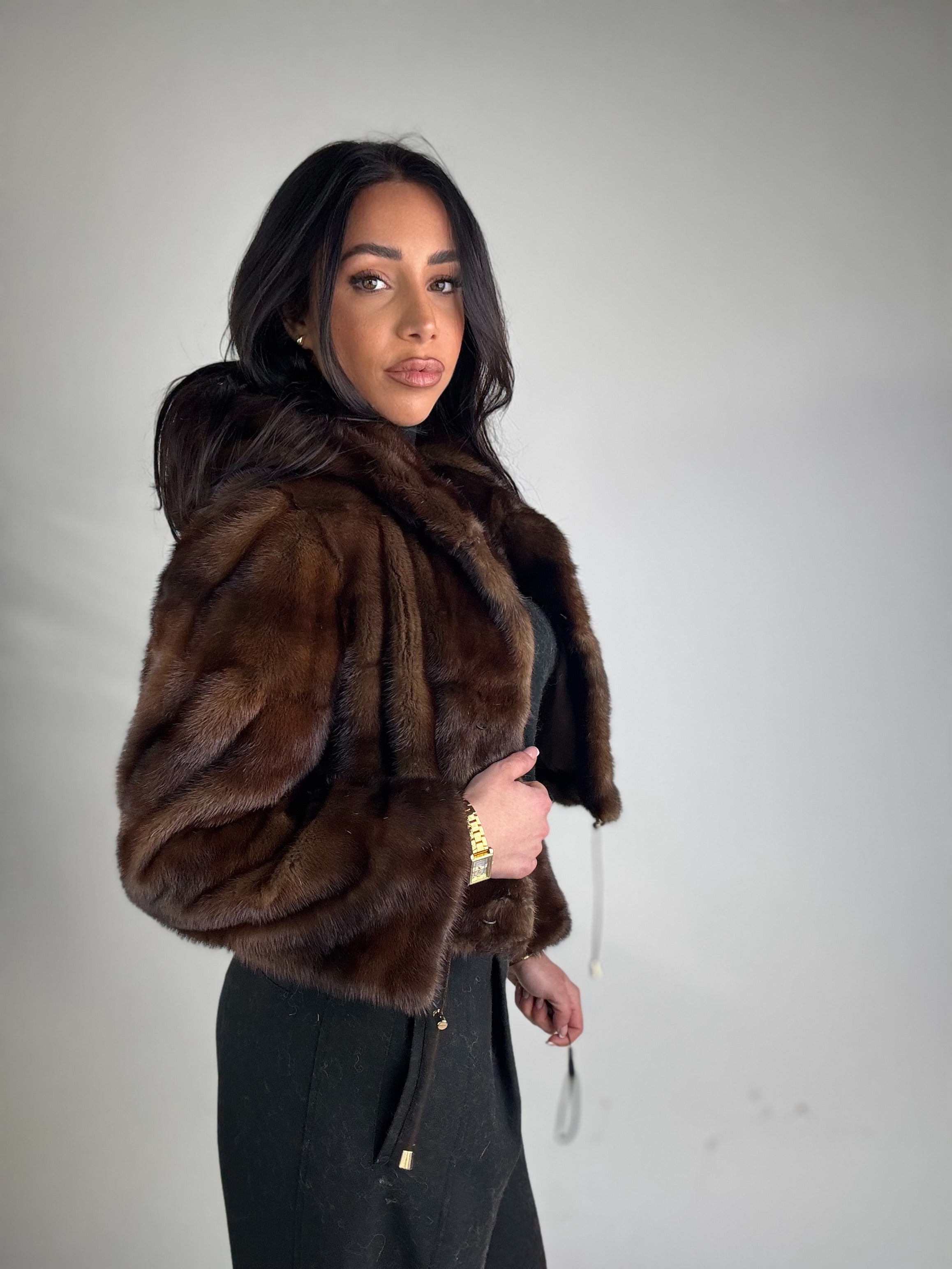 Mink jacket with belt and hood