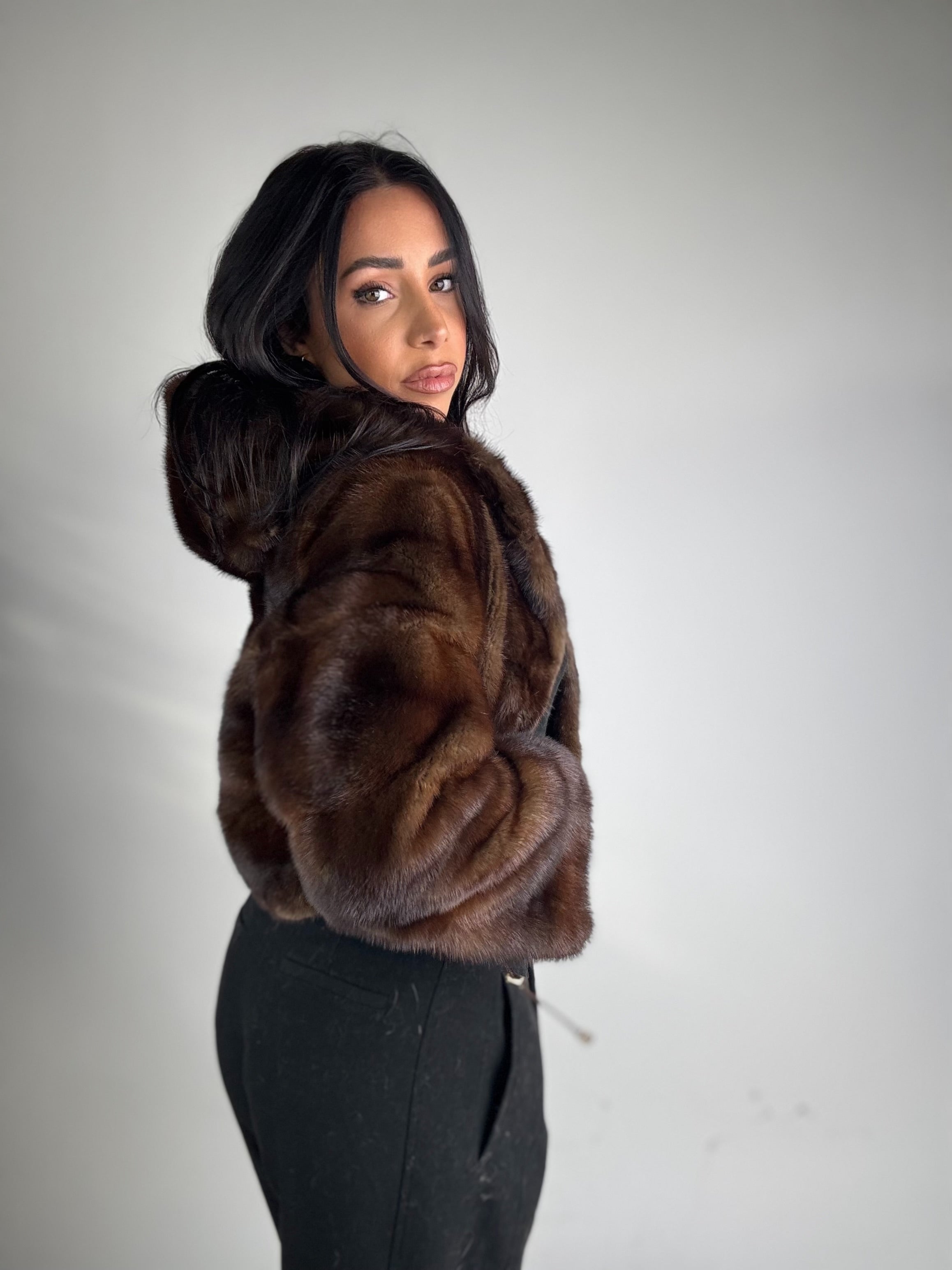 Mink jacket with belt and hood