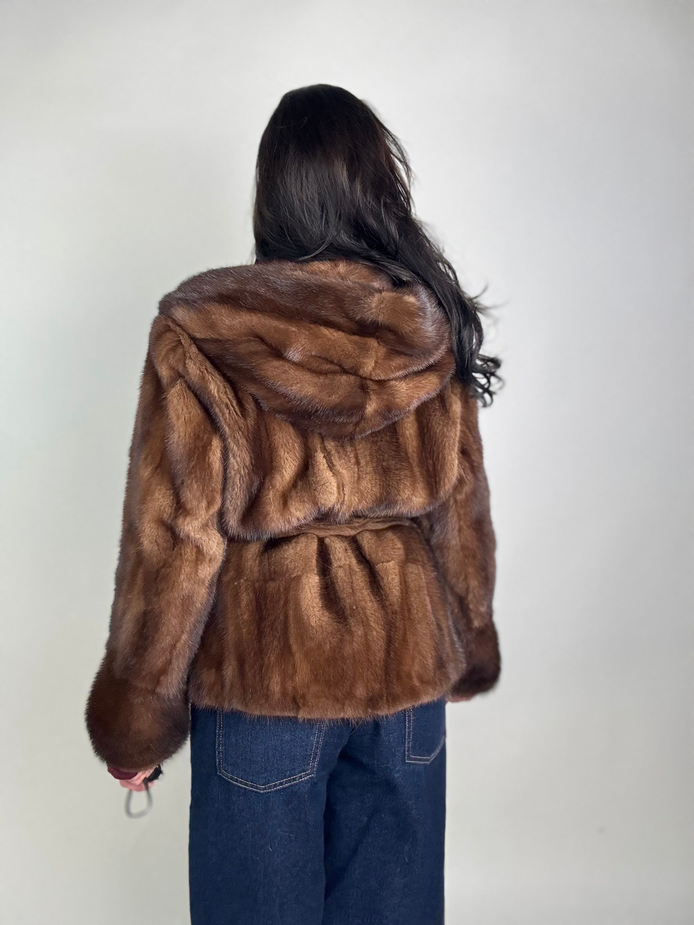 Mink jacket with belt and hood