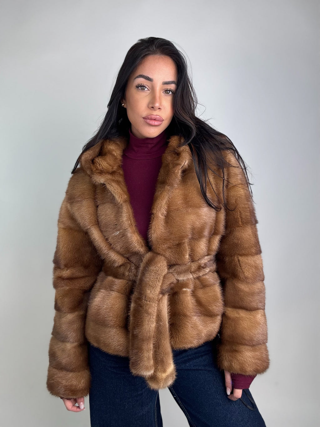 Mink jacket with belt and hood