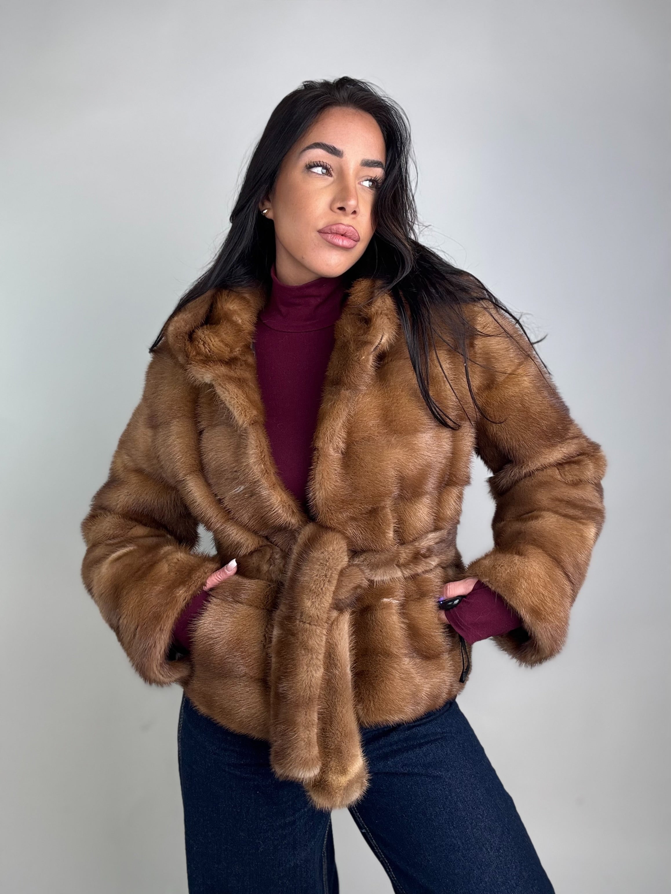 Mink jacket with belt and hood