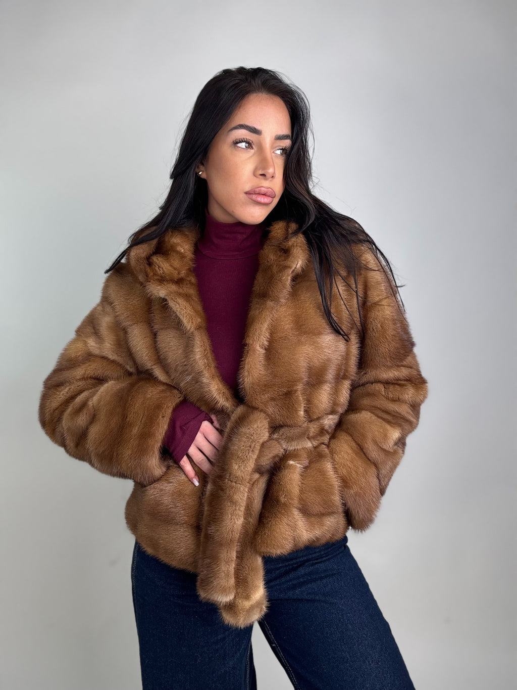 Mink jacket with belt and hood