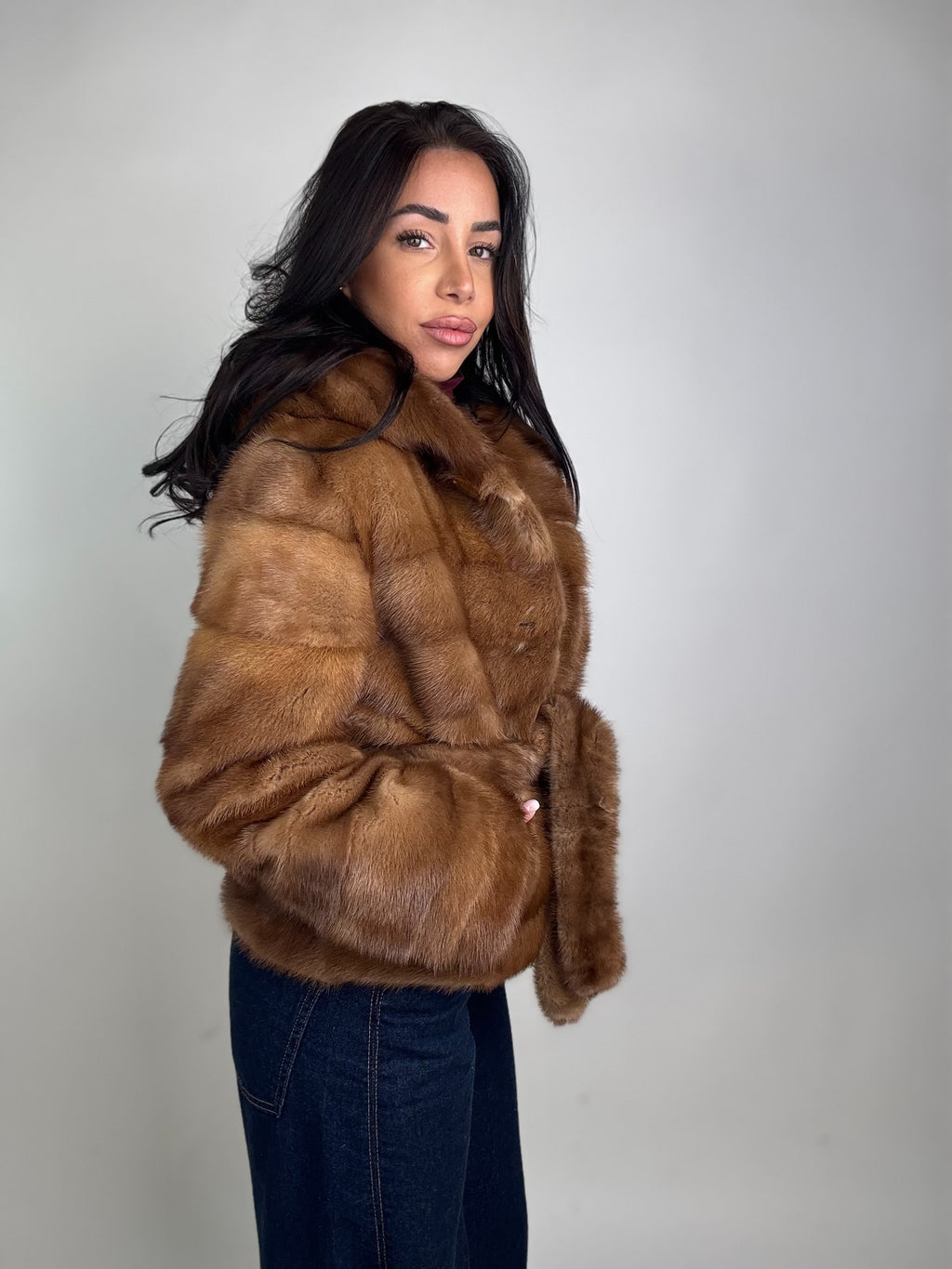 Mink jacket with belt and hood