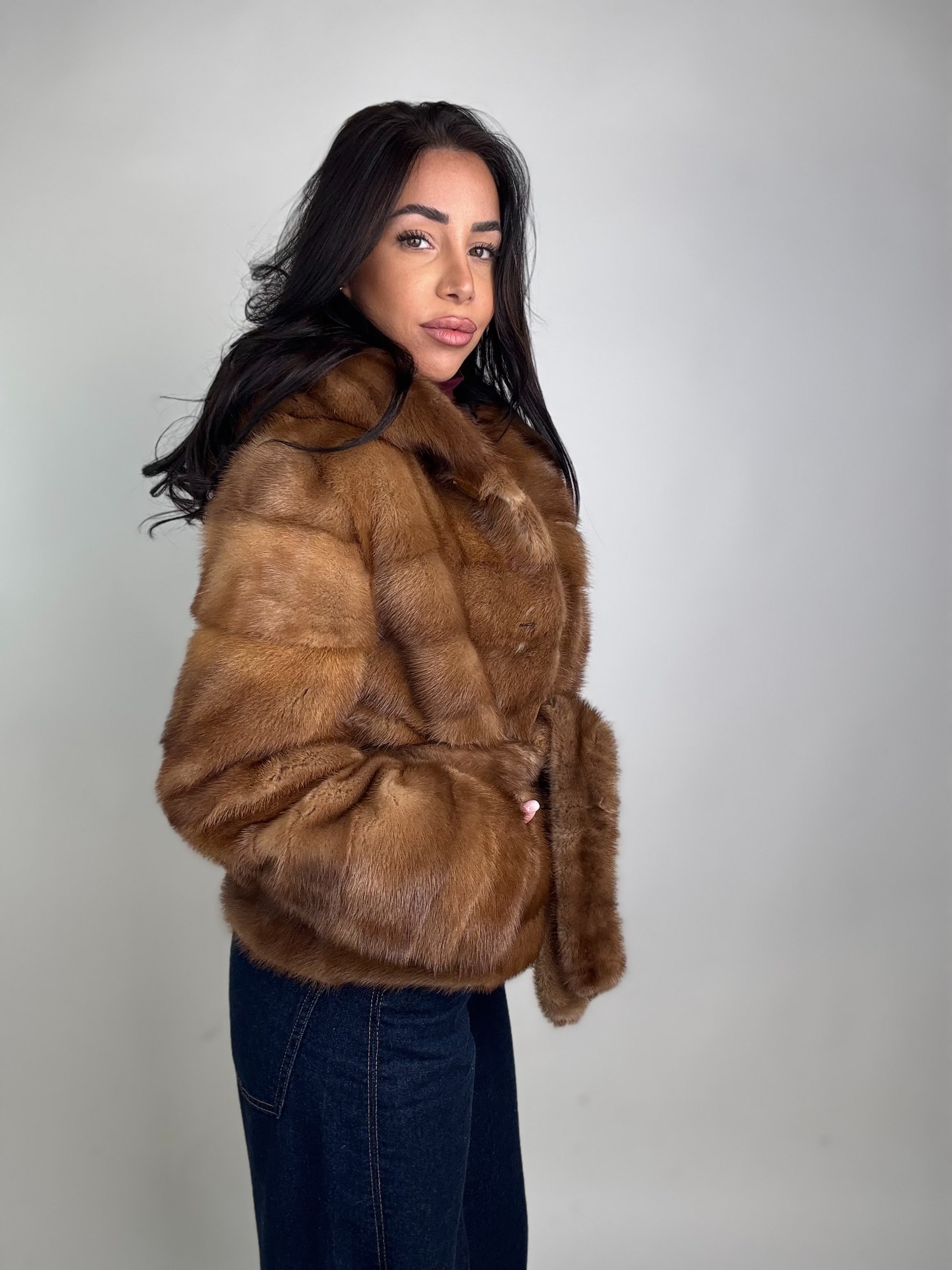 Mink jacket with belt and hood