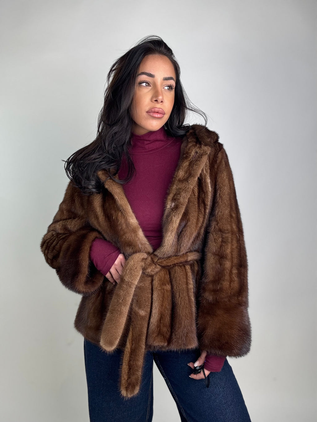 Mink jacket with belt and hood