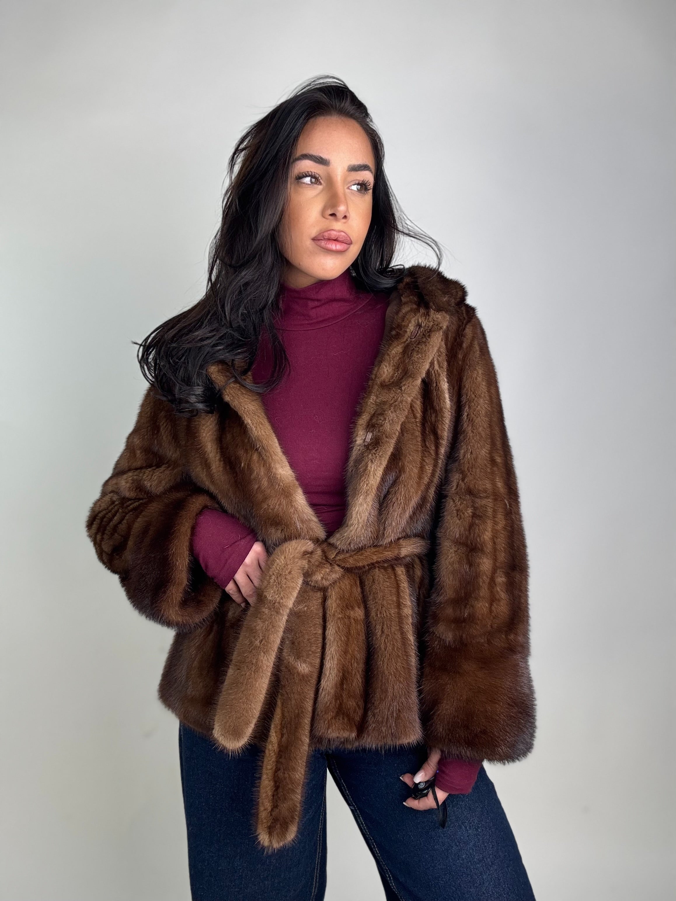 Mink jacket with belt and hood