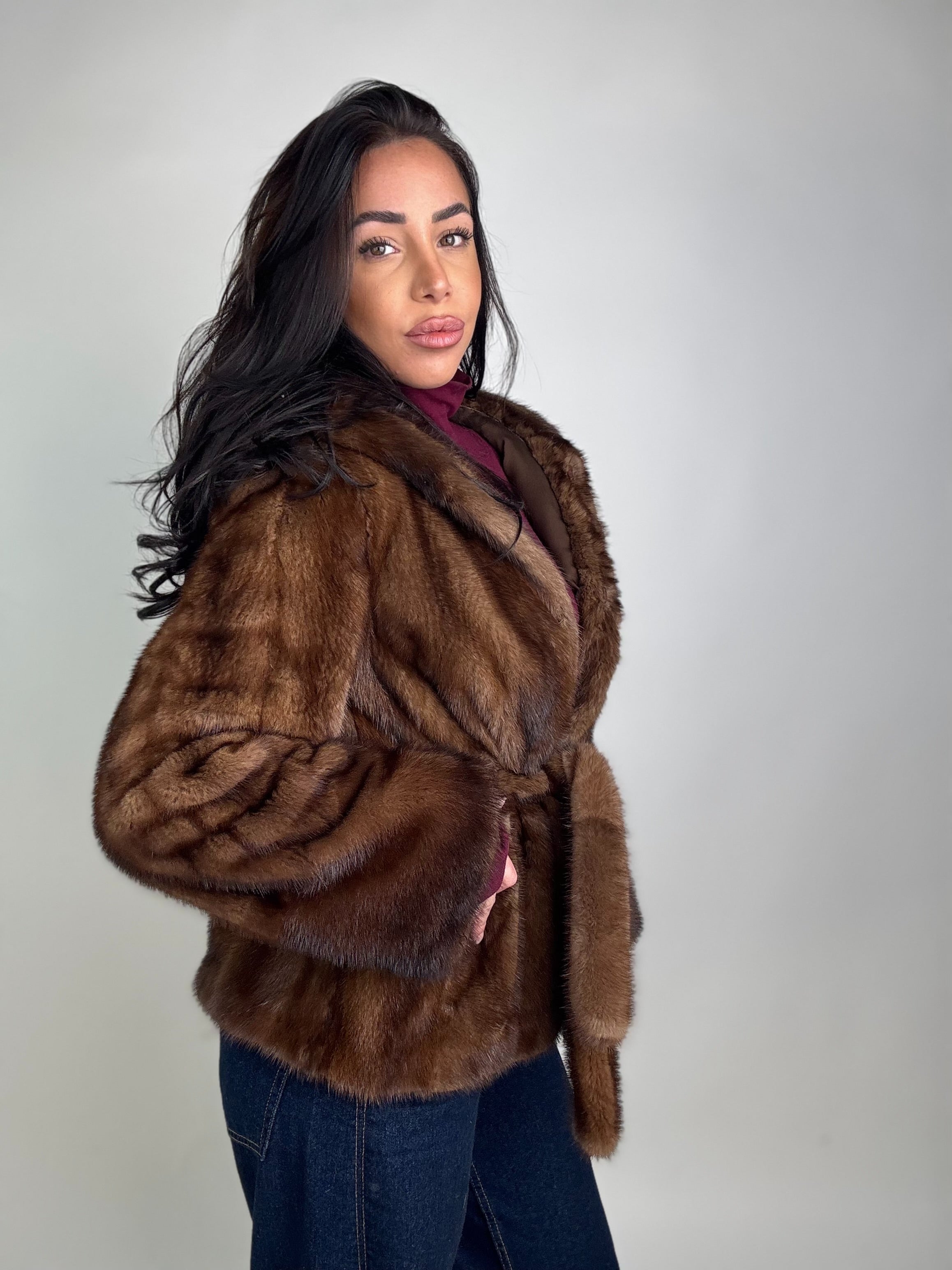 Mink jacket with belt and hood