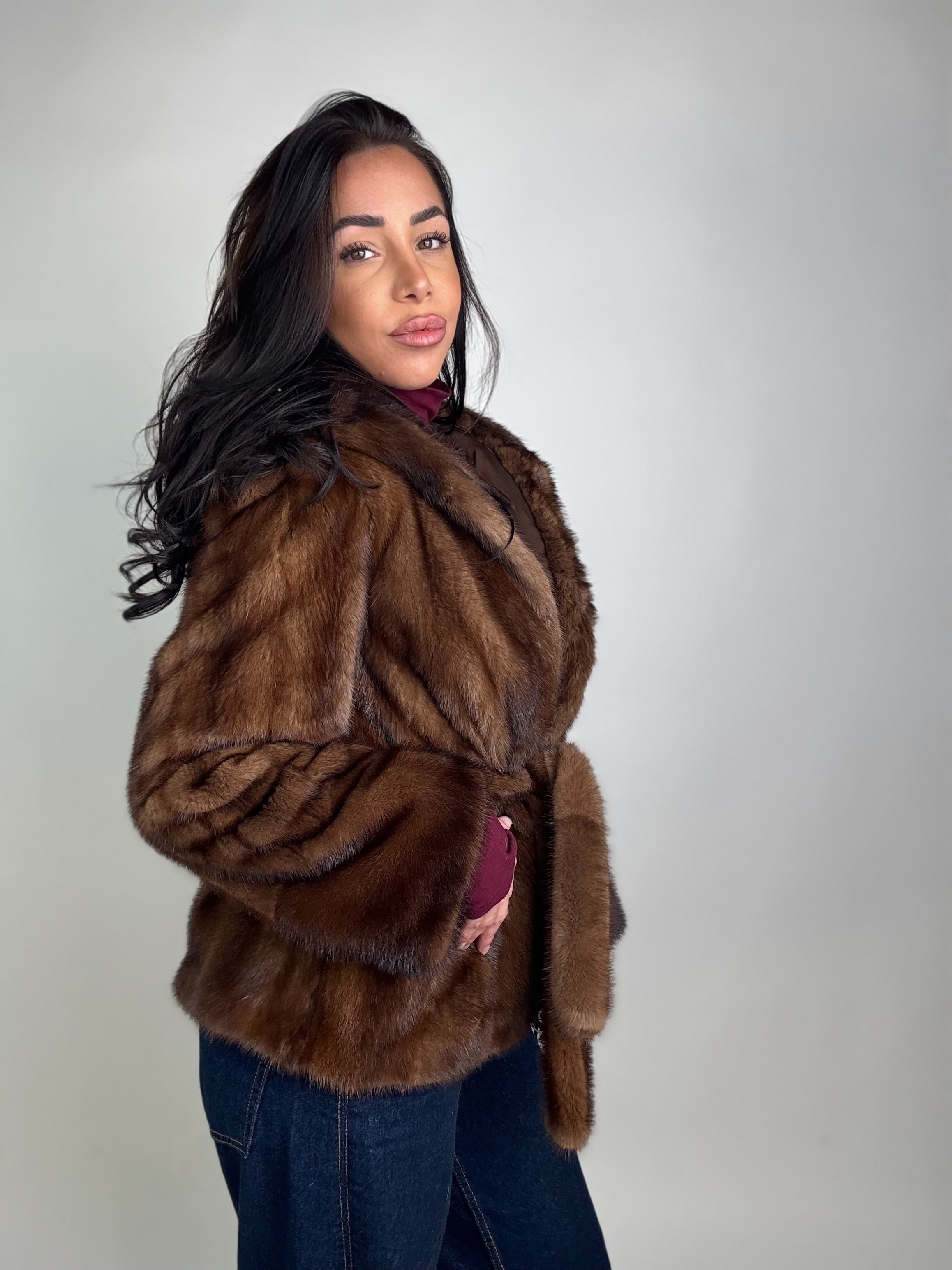 Mink jacket with belt and hood