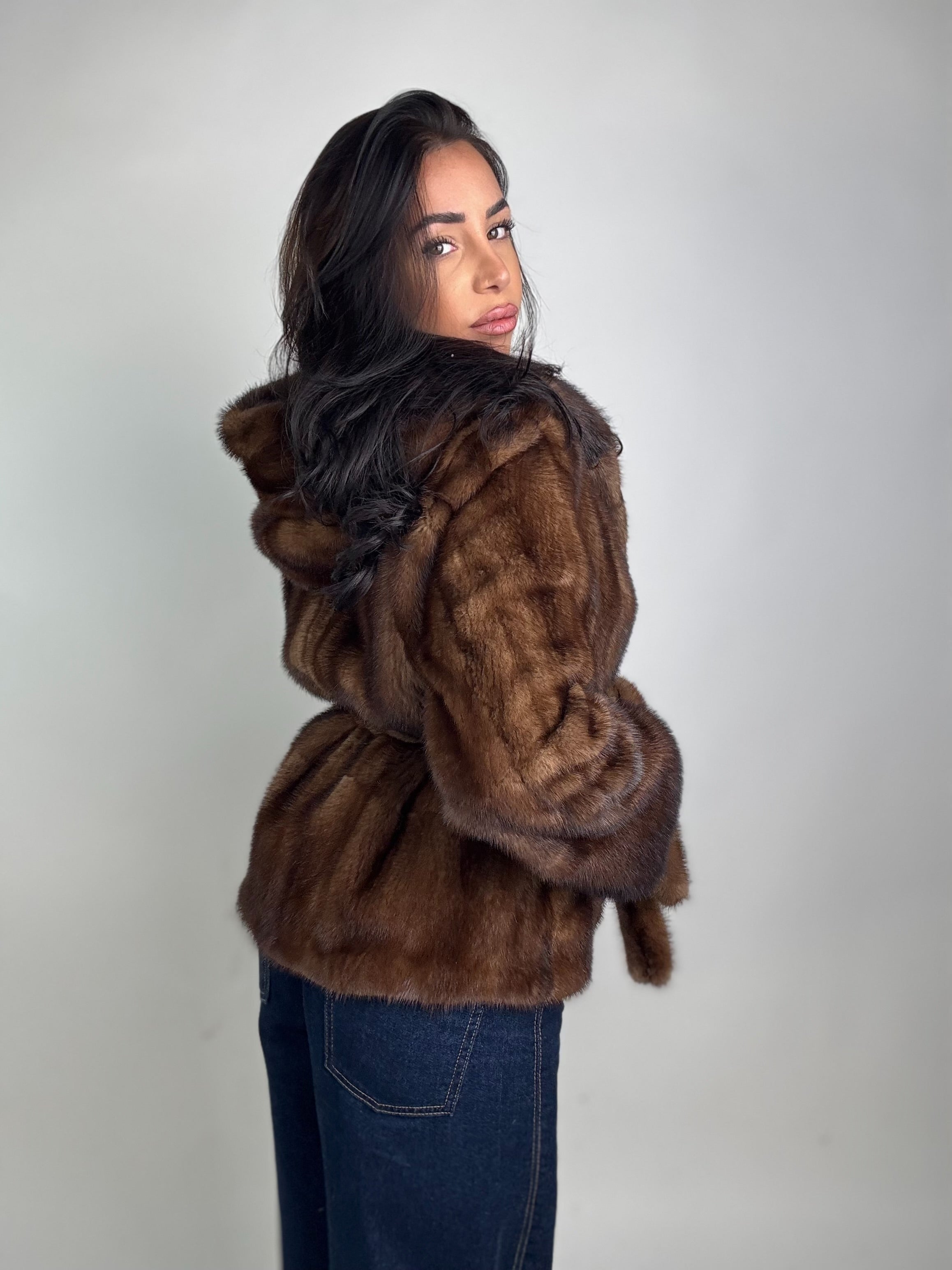 Mink jacket with belt and hood