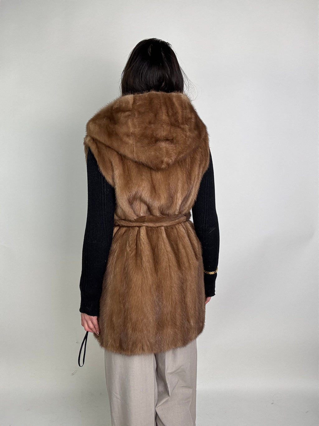 Mink jacket with belt and hood