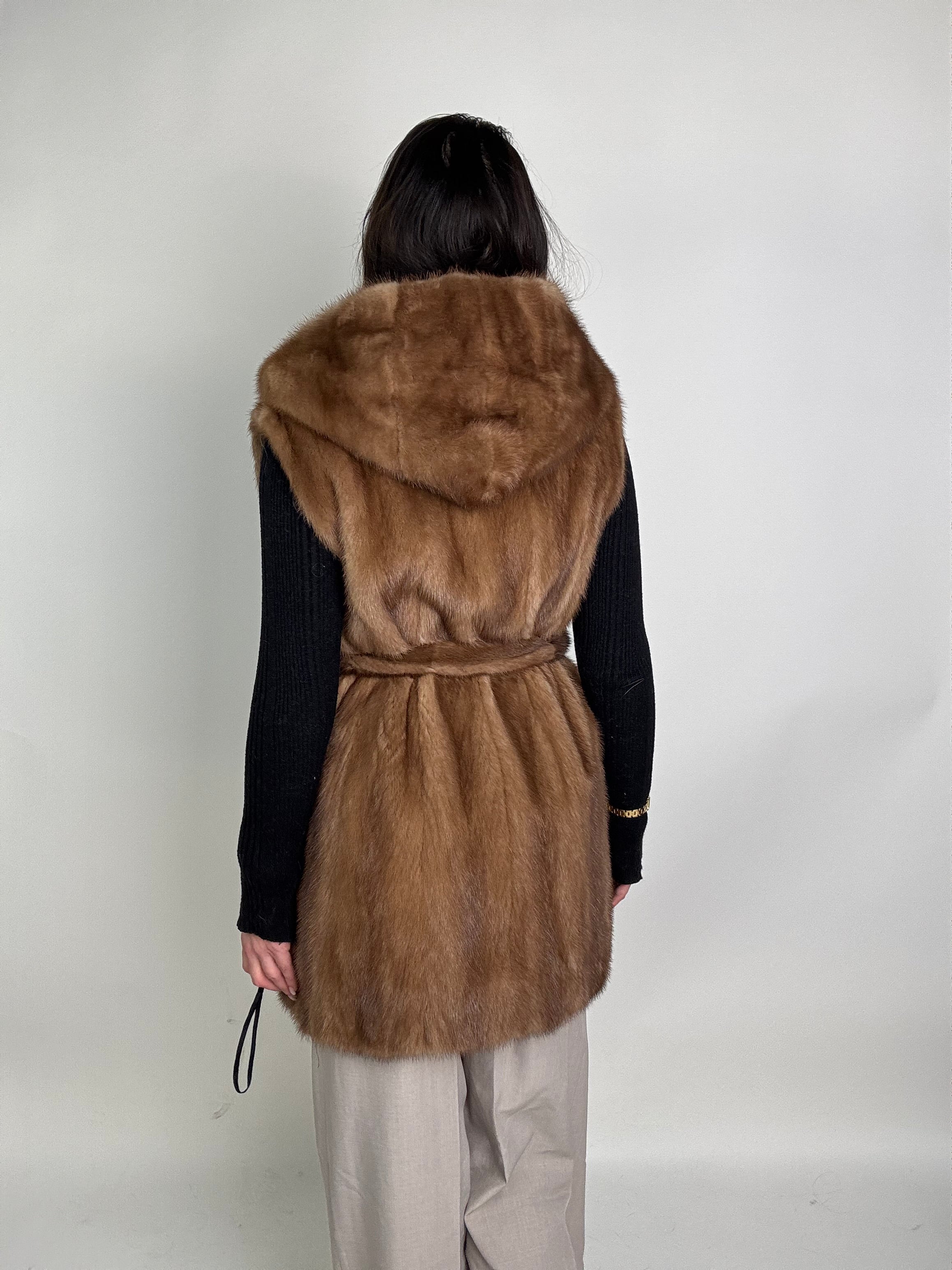 Mink jacket with belt and hood