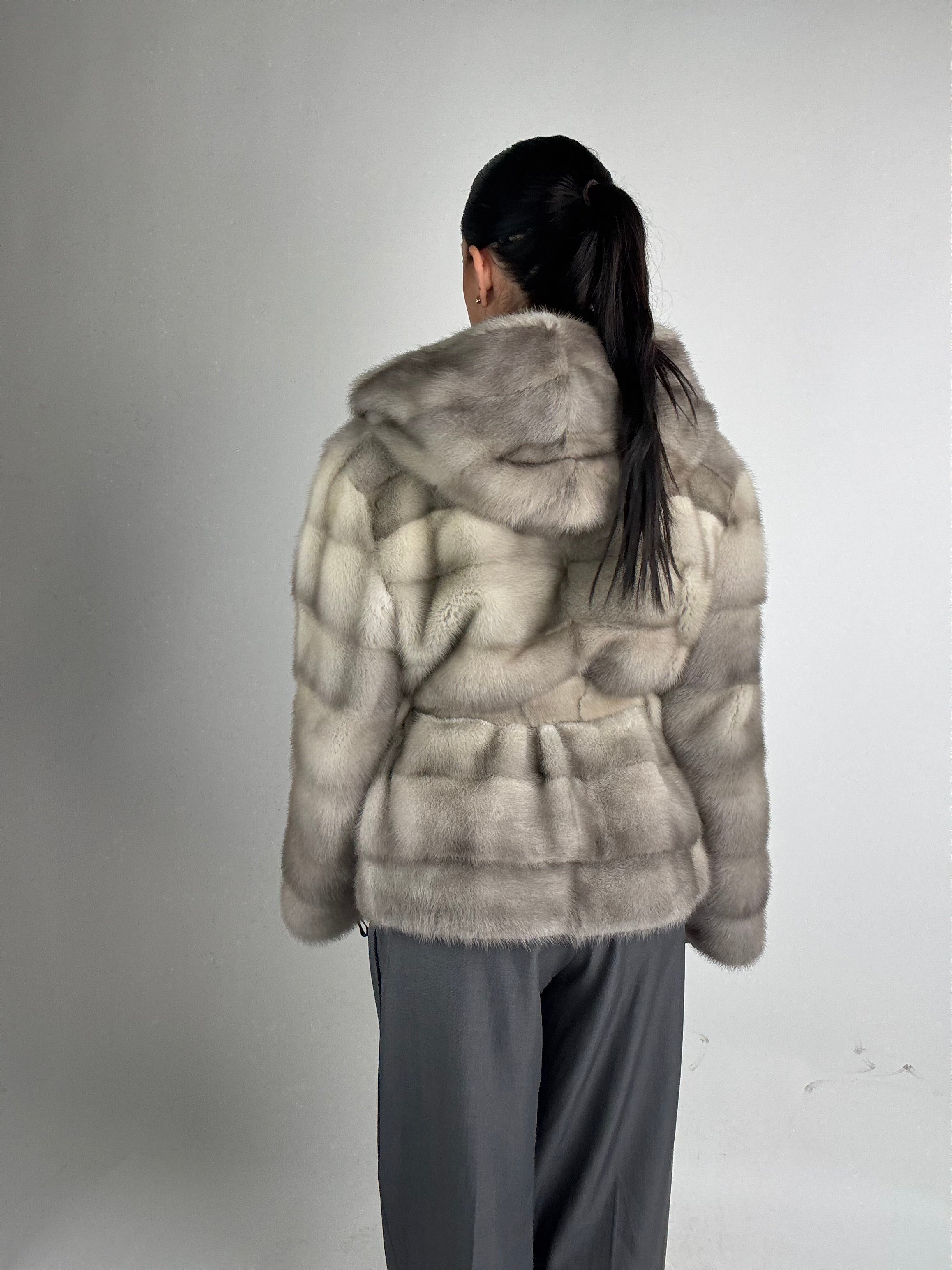 Mink jacket with belt and hood