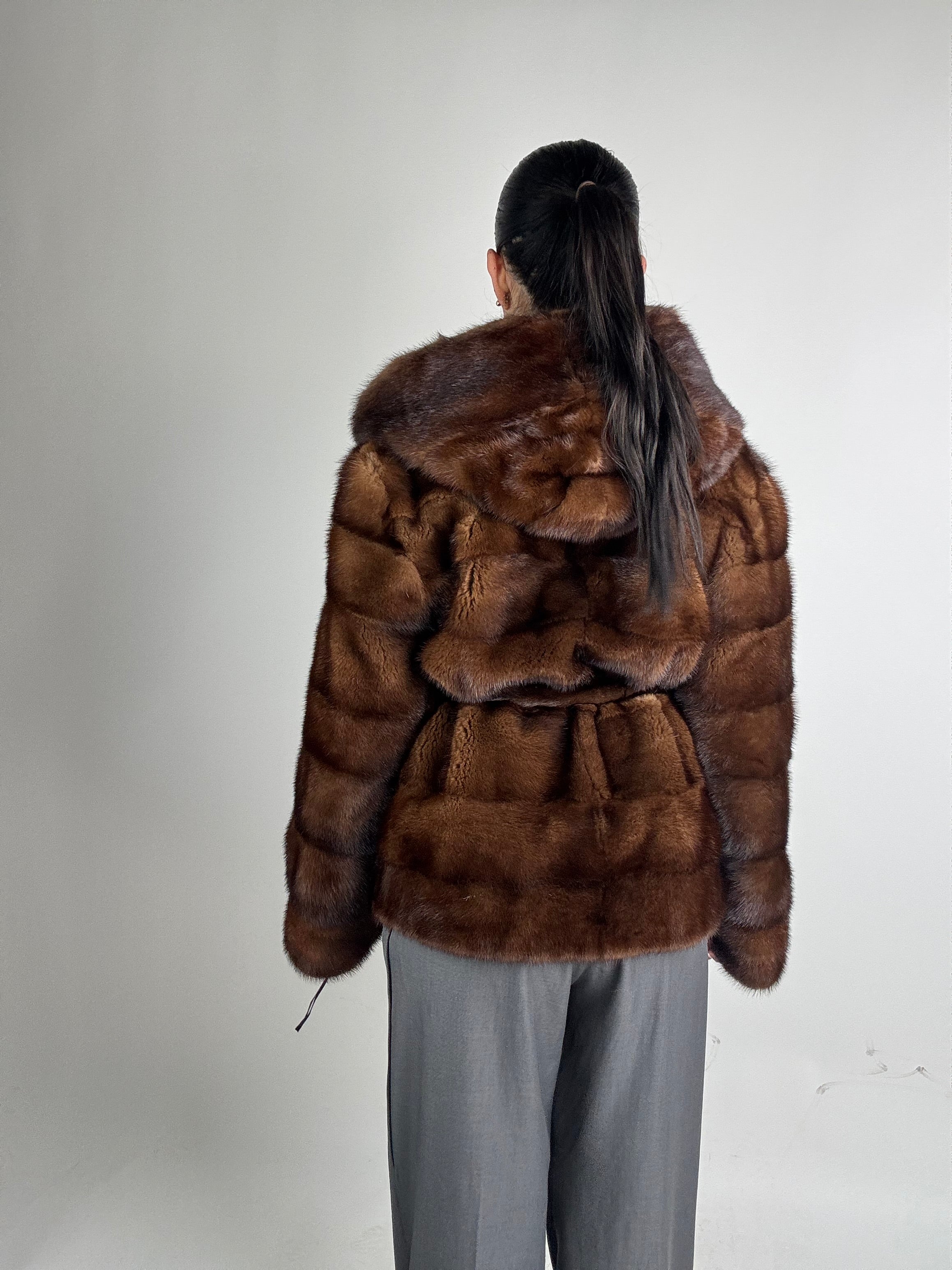 Mink jacket with belt and hood