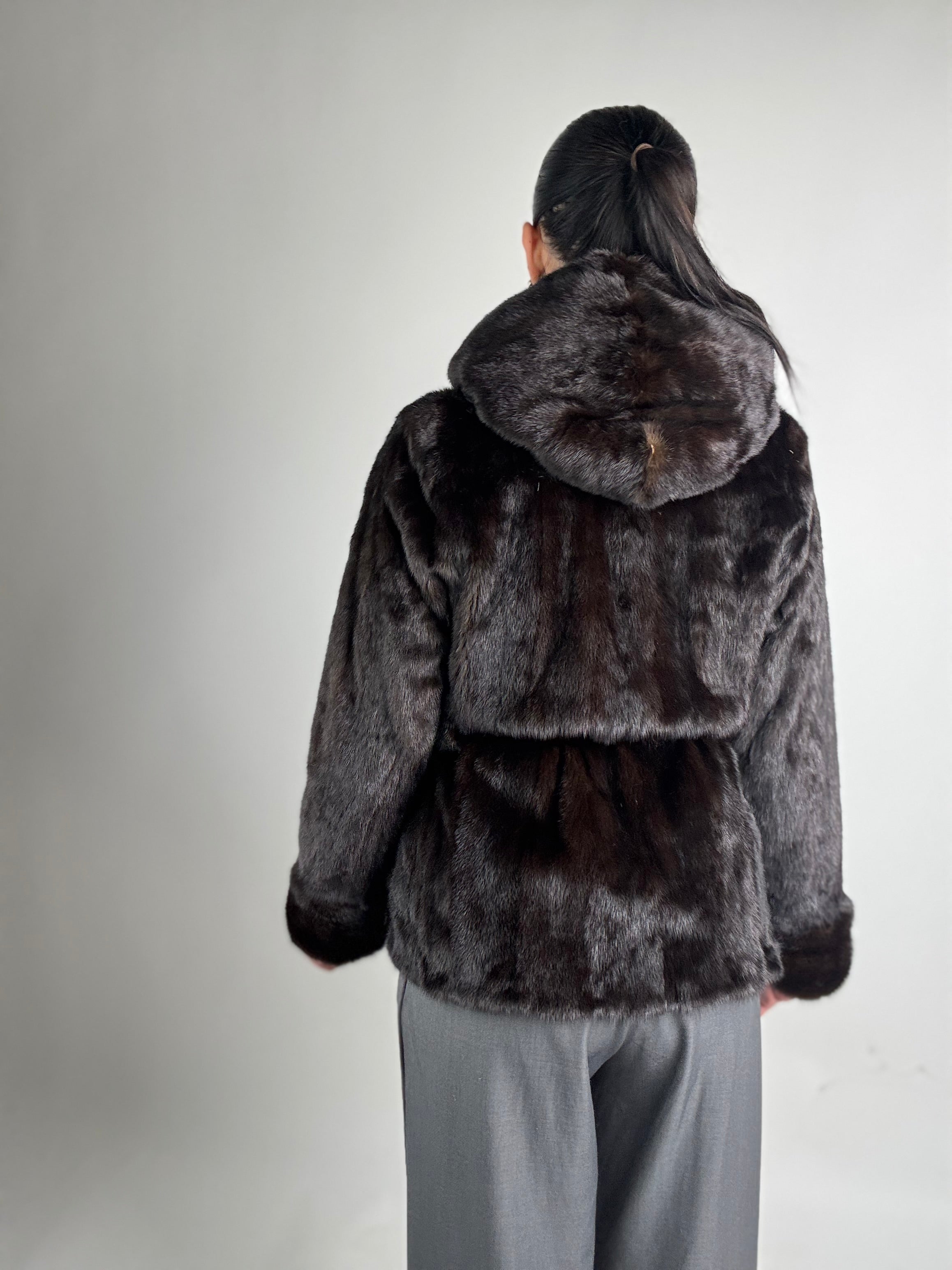 Mink jacket with belt and hood