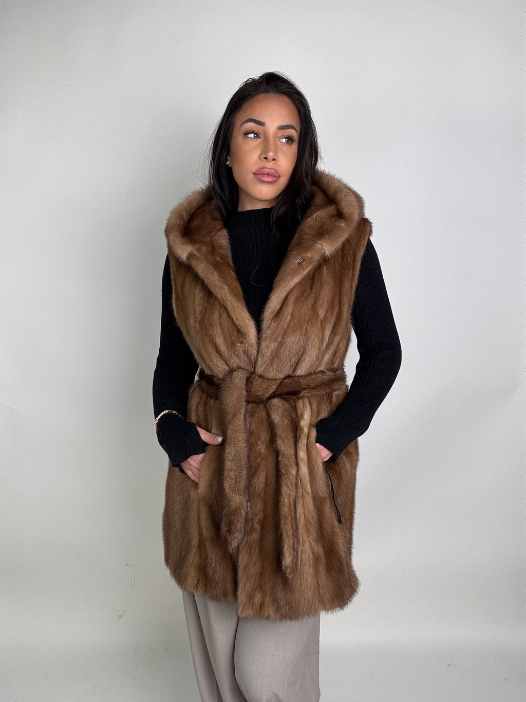 Mink jacket with belt and hood